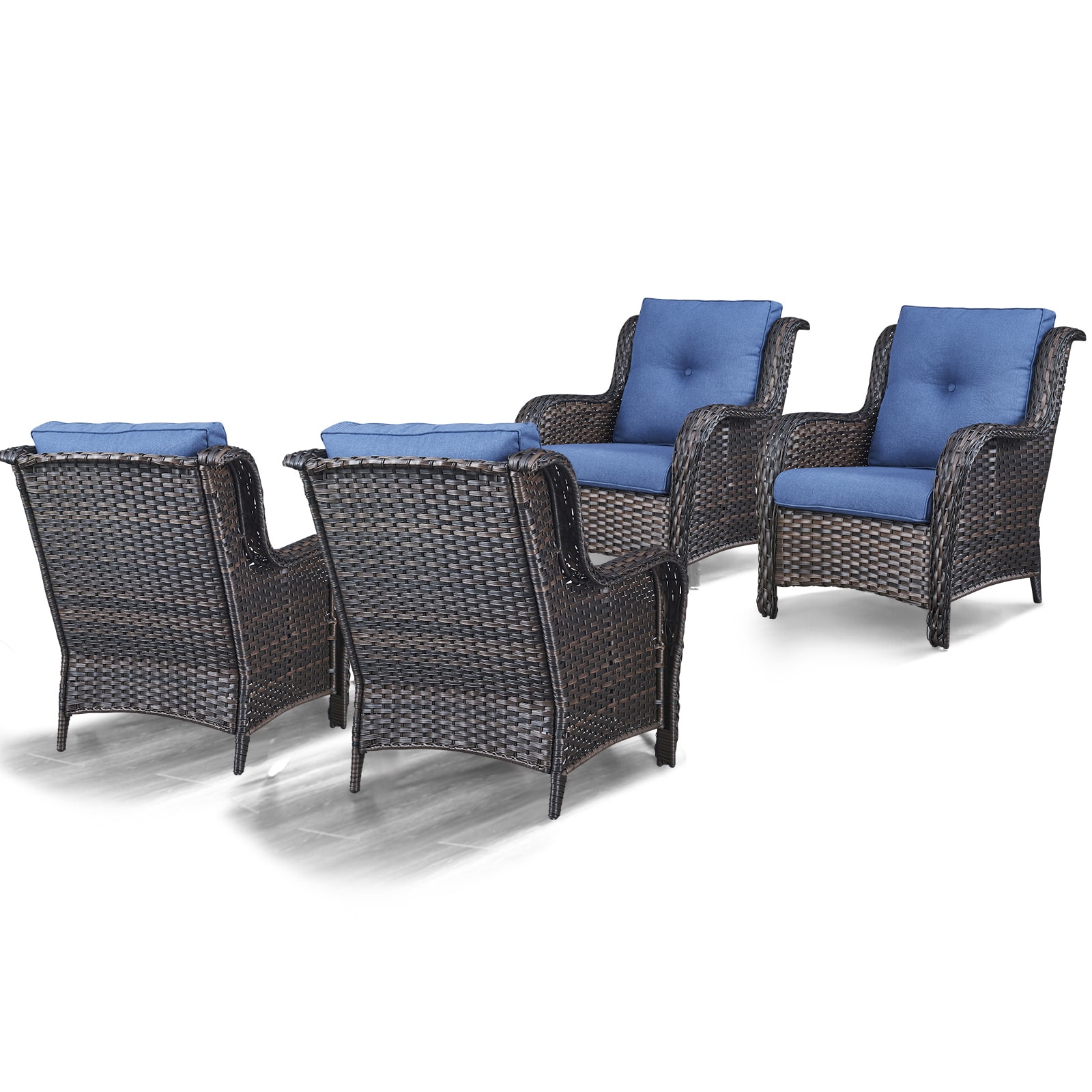 Rilyson FS006-1X2 Curved armrest Set of 4 Wicker Brown Wicker Frame Stationary Conversation Chair with Blue Blue Cushioned Seat