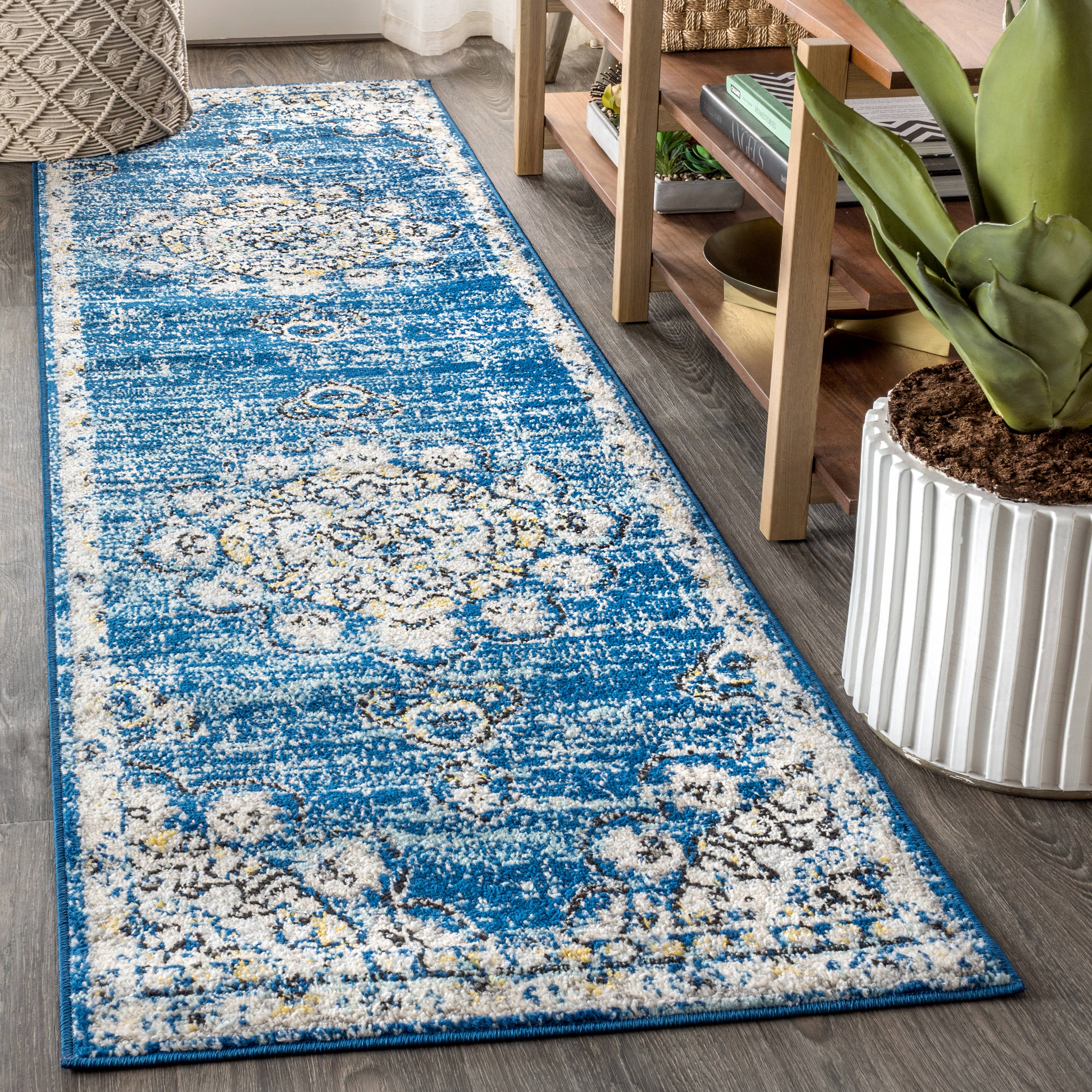Blue and Cream Synthetic Medallion Runner Rug, 2'-3" x 8'