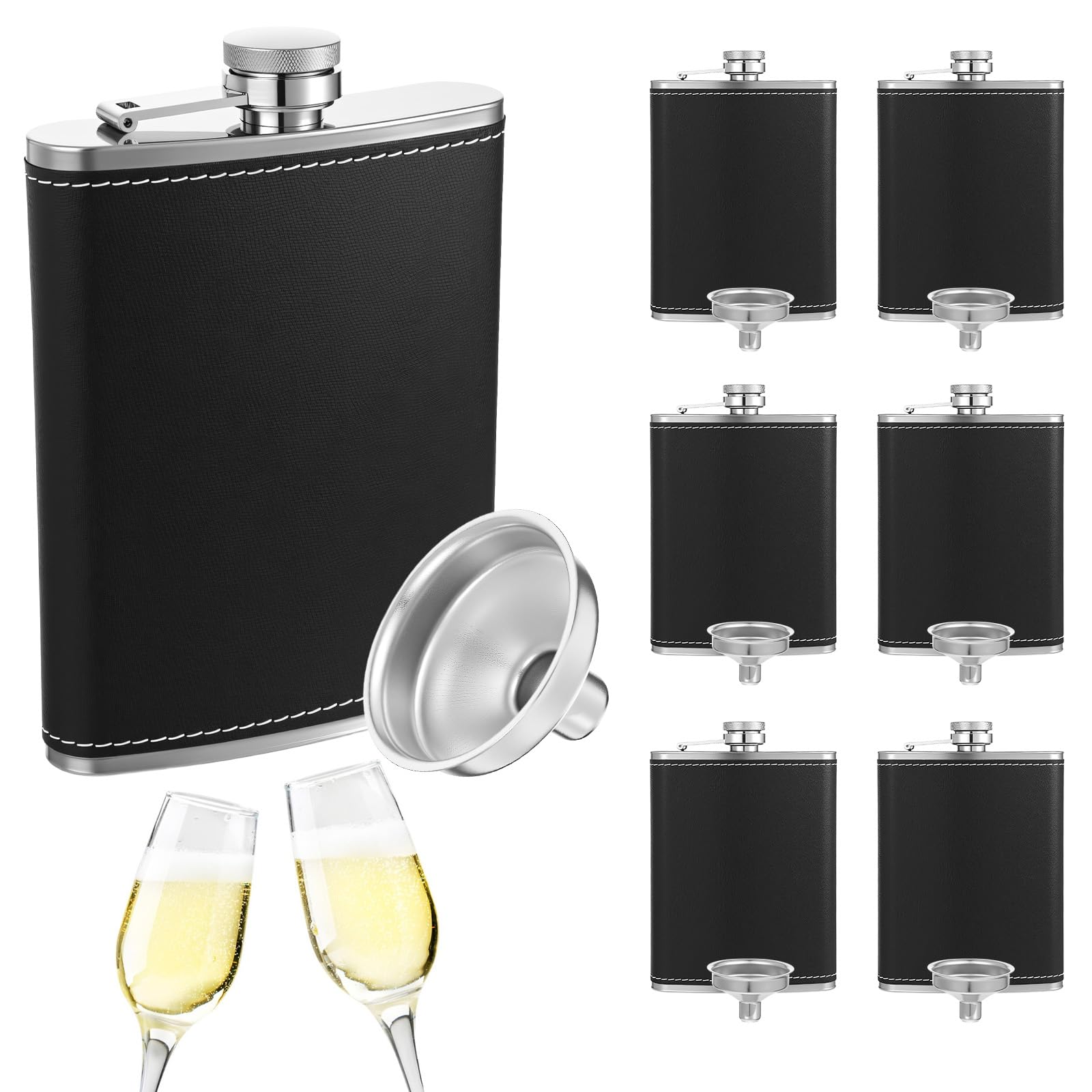 LILILIAN FMY  6 Pack 8 oz Leather Wrapped Stainless Steel Hip Flasks with Funnel Leak Proof Drinking Flasks for Men Black