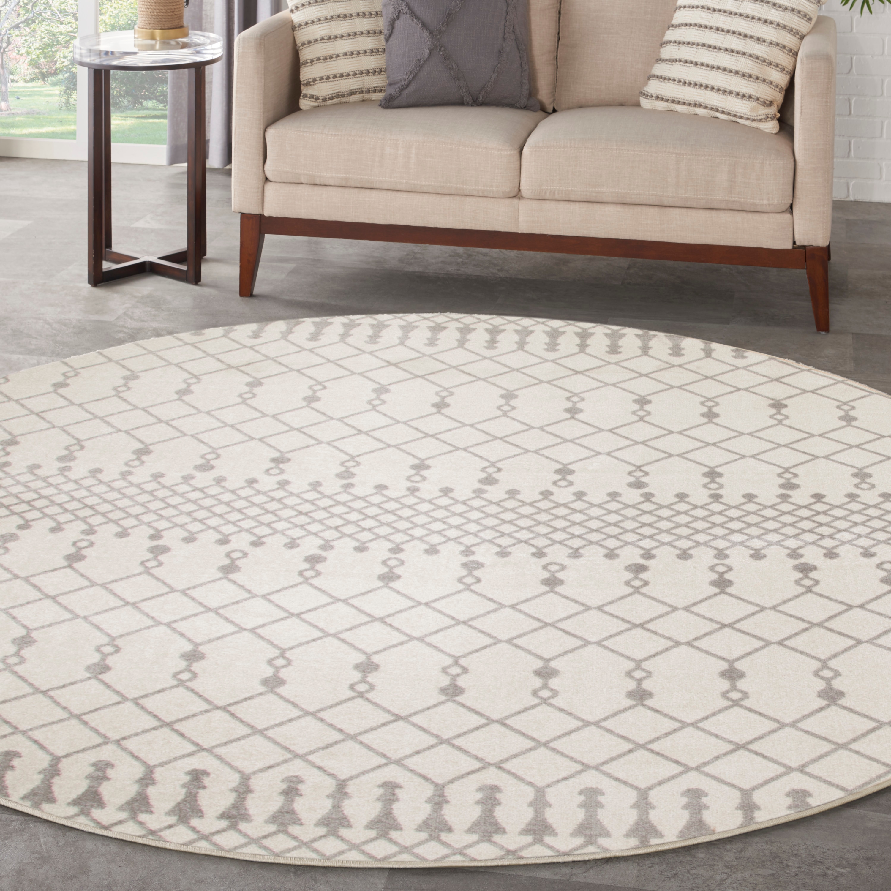 Nourison Home 099446932969 Astra Machine Washable 8 x 8 (ft) Loomed Polyester Ivory Round Indoor Geometric Bohemian/Eclectic Machine washable Area rug