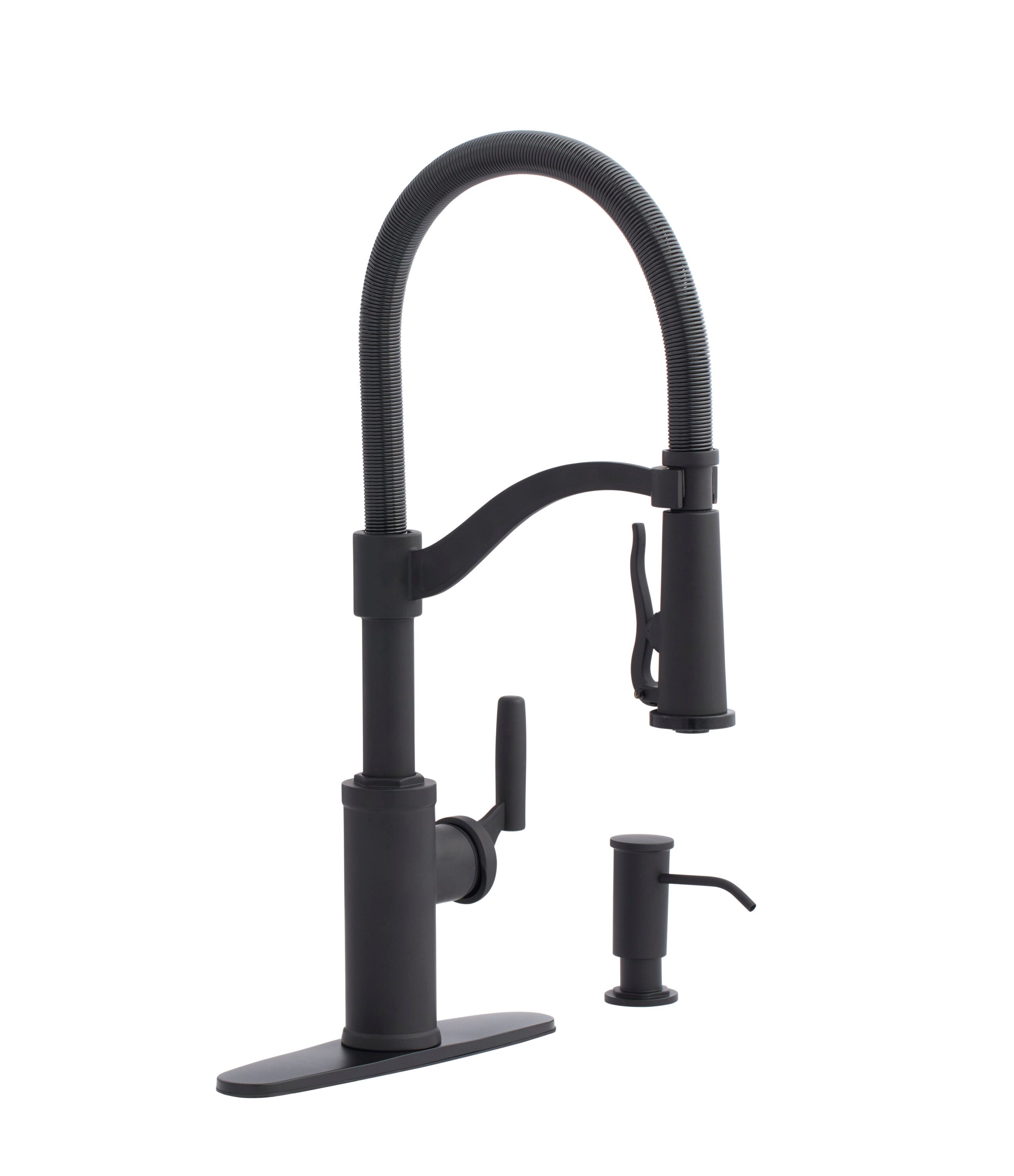 allen + roth 21-K151HCMB-AR Talbert Matte black Single Handle Deck-mount Kitchen Faucet with Sprayer ( Deck Plate Included ) (Soap Dispenser Included)