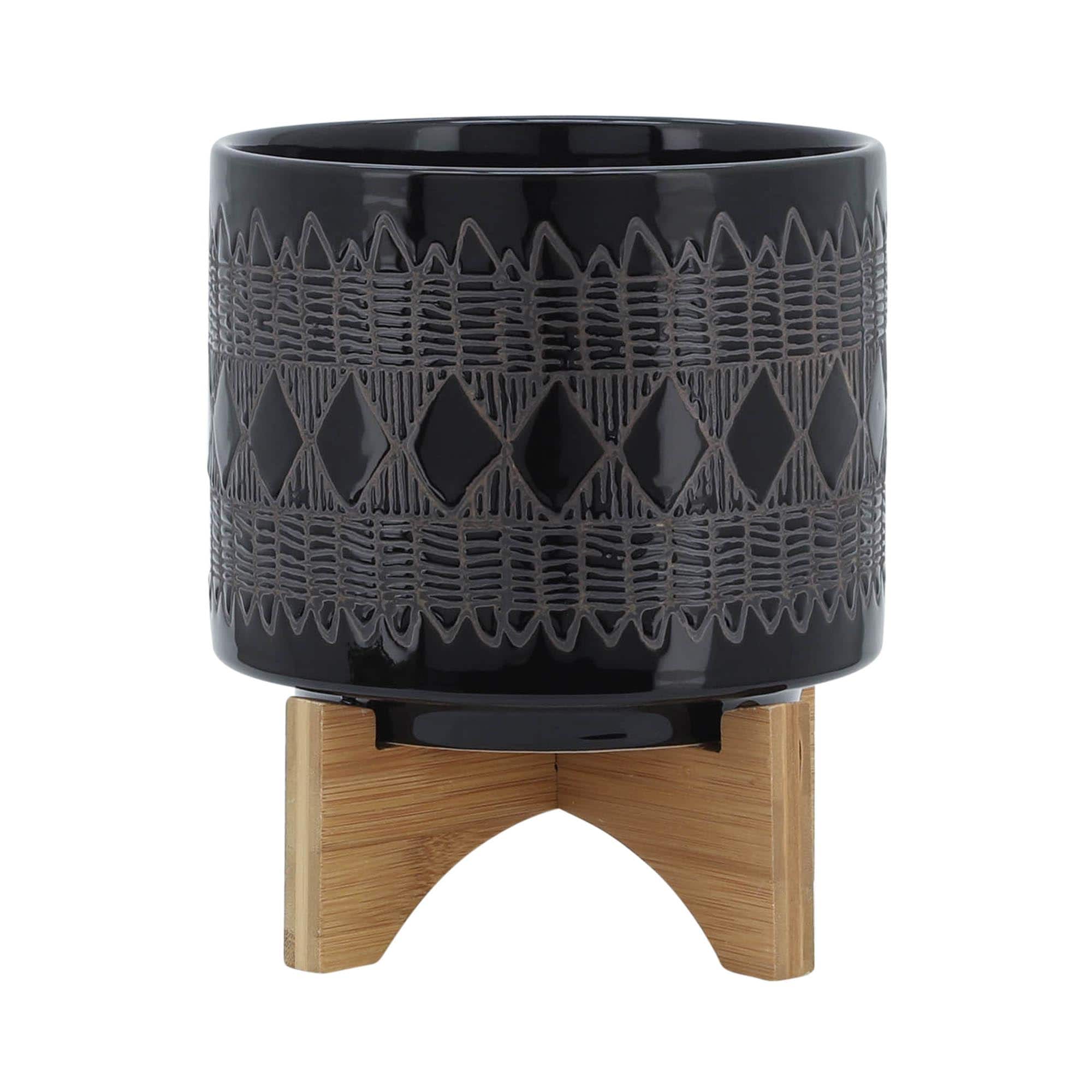 Miki Shinly JJ-6838-07SH Round 8.0-in W x 9-in H x 8-in D Black Ceramic Indoor/Outdoor Planter
