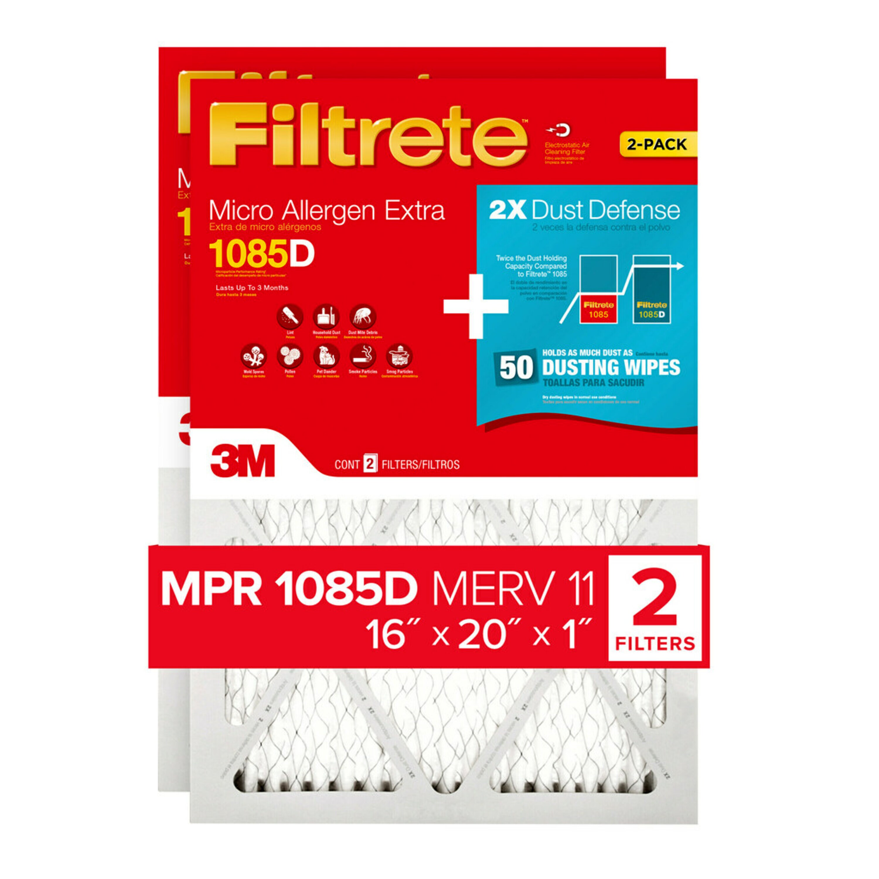 Filtrete 16-in W x 25-in L x 1-in 11 MERV 1085 MPR Allergen Defense Extra  Electrostatic Pleated Air Filter (2-Pack) in the Air Filters department at