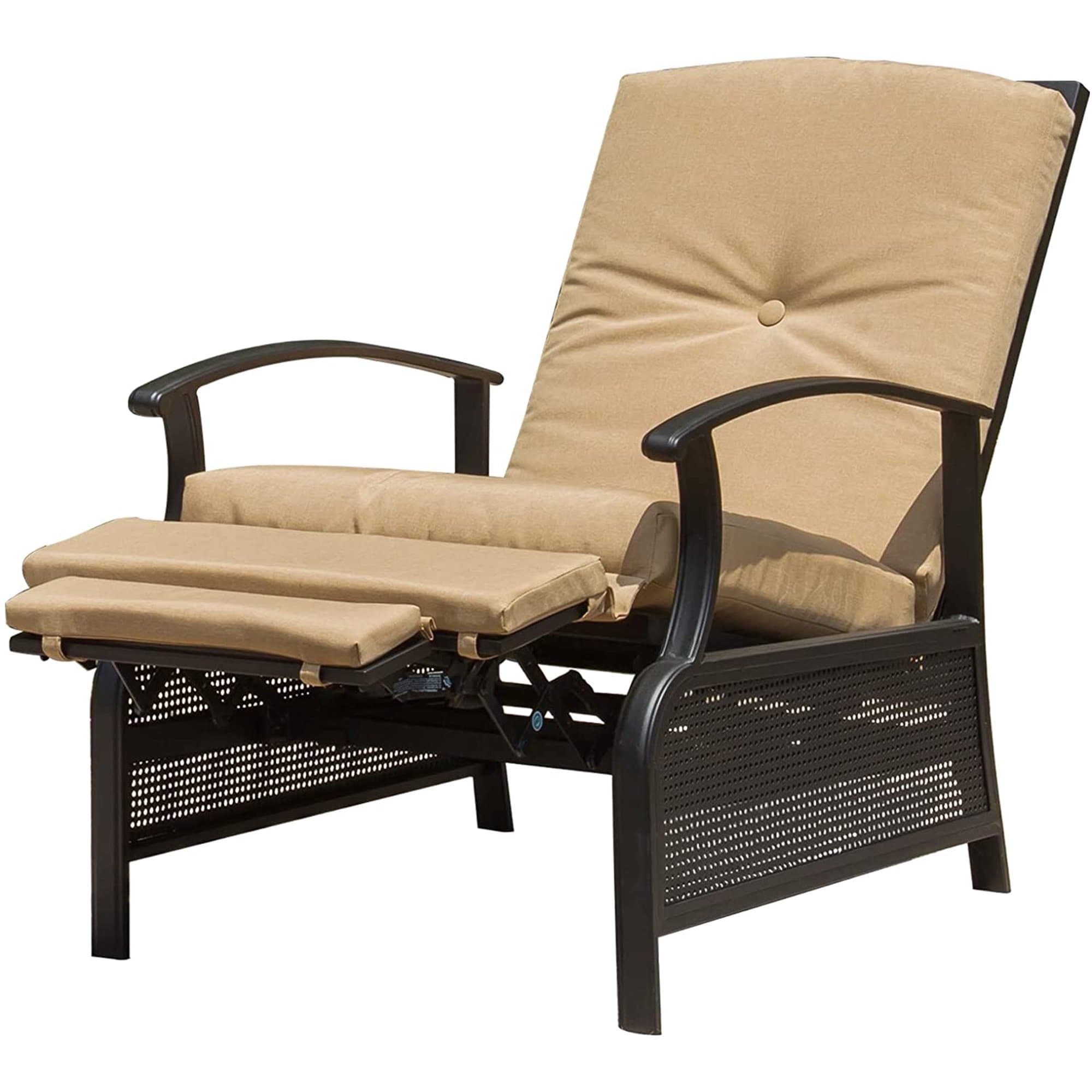 Forclover DASE-20968 Patio Recliner Chair Brown Metal Frame Spring motion Recliner Chair with Tan Cushioned Seat