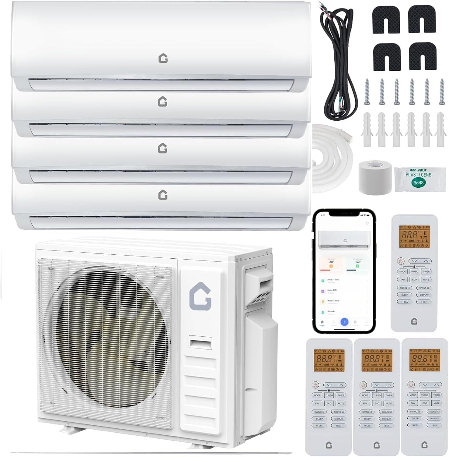 Garvee 35000 BTU 4 Zone Mini Split AC Heating System Wifi Enabled 19 SEER2 208 to 230V 3 Zone 9000 and 9000 and 12000and 12000 BTU Ductless Split Unit AC with Pre Charged Condenser Heat Pump