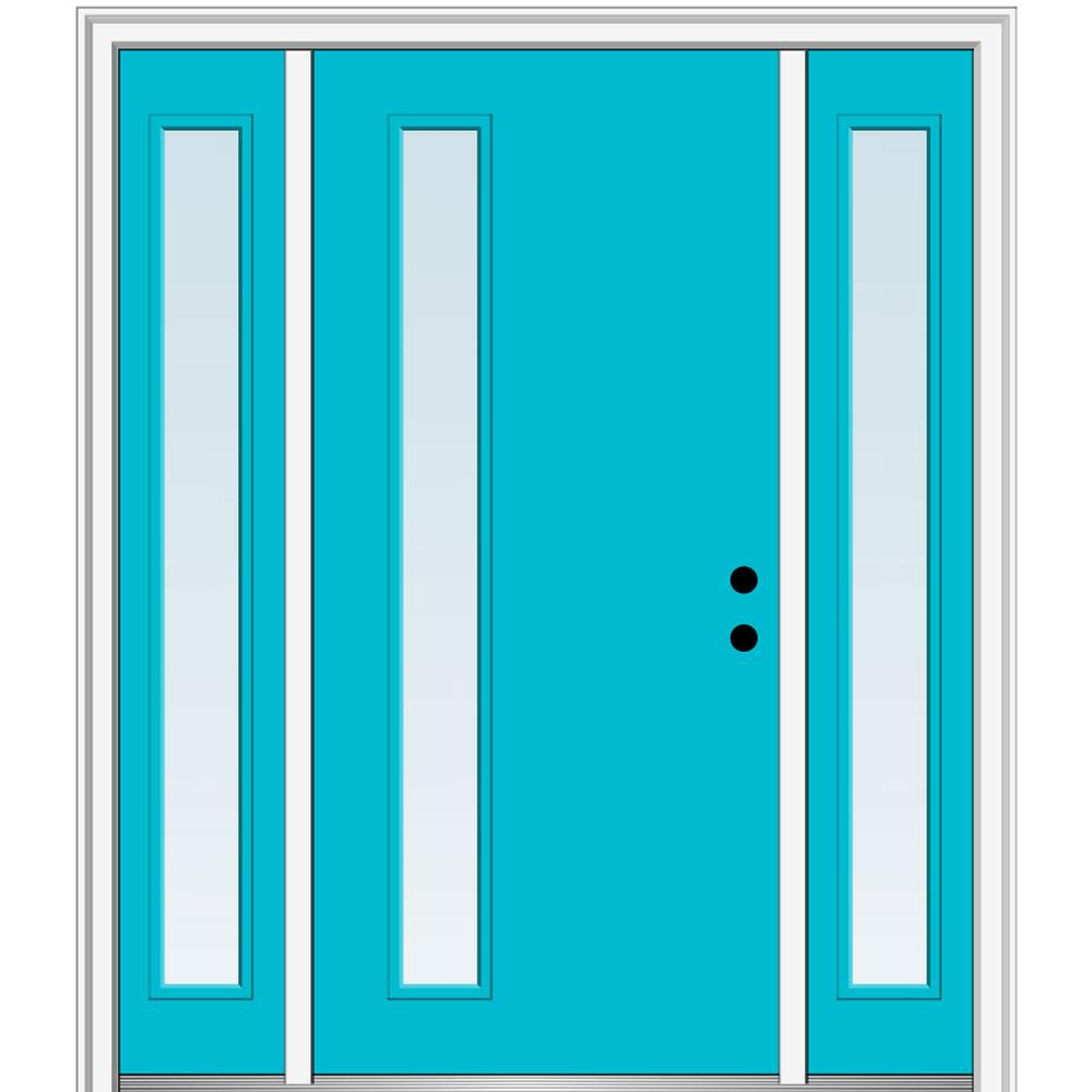 MMI DOOR ZZ348583L Spotlights 64-in x 80-in x 6-9/16-in Fiberglass Full lite Left-hand inswing Bahama Blue Painted Prehung Front Door with Sidelights with Brickmould Insulating core