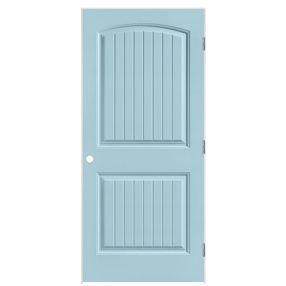 Masonite 1443785 36-in x 80-in Sea Mist Solid core 2-panel round top plank Left hand Smooth Prefinished Molded composite Flat Jamb Single Prehung Interior Door