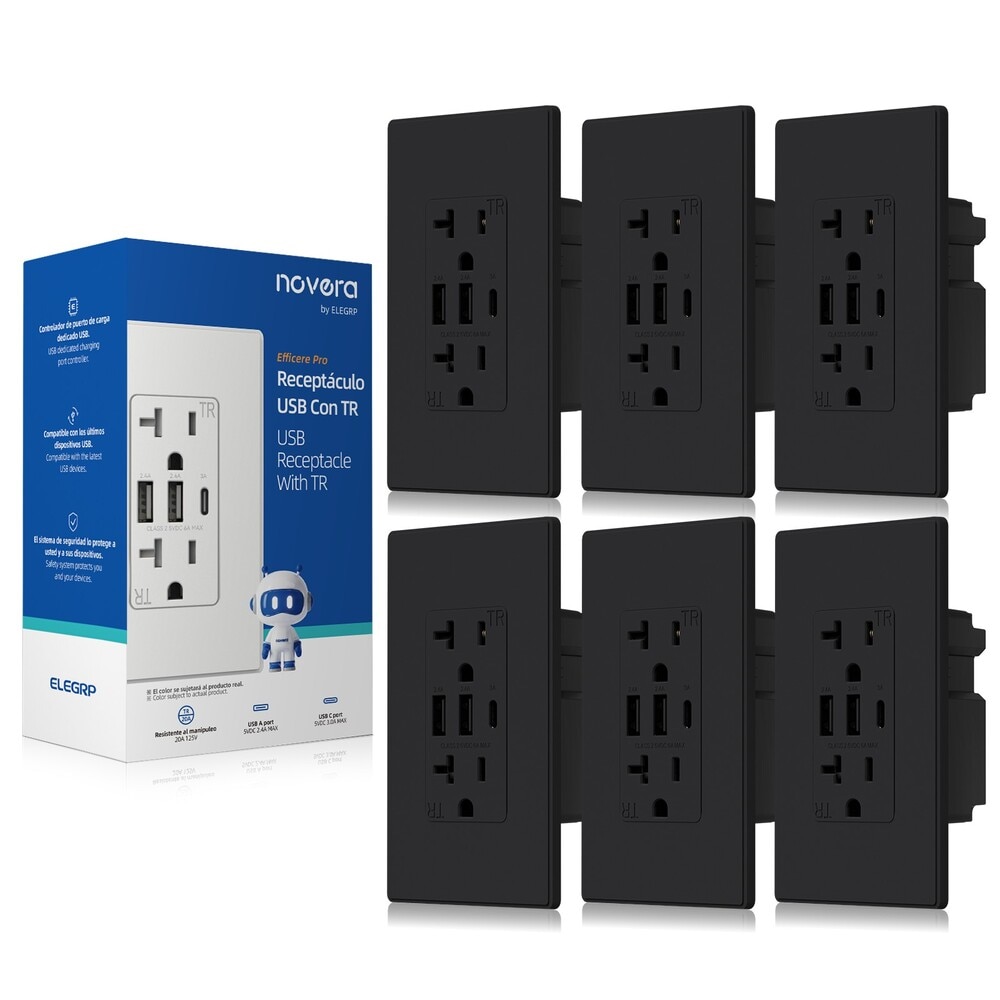 ELEGRP  30W 6.0 Amp 3Port USB Wall Outlet 20A Duplex Receptacle with Dual Type A C Ports UL Listed  Screwless Wall Plate Matte Black 6PC