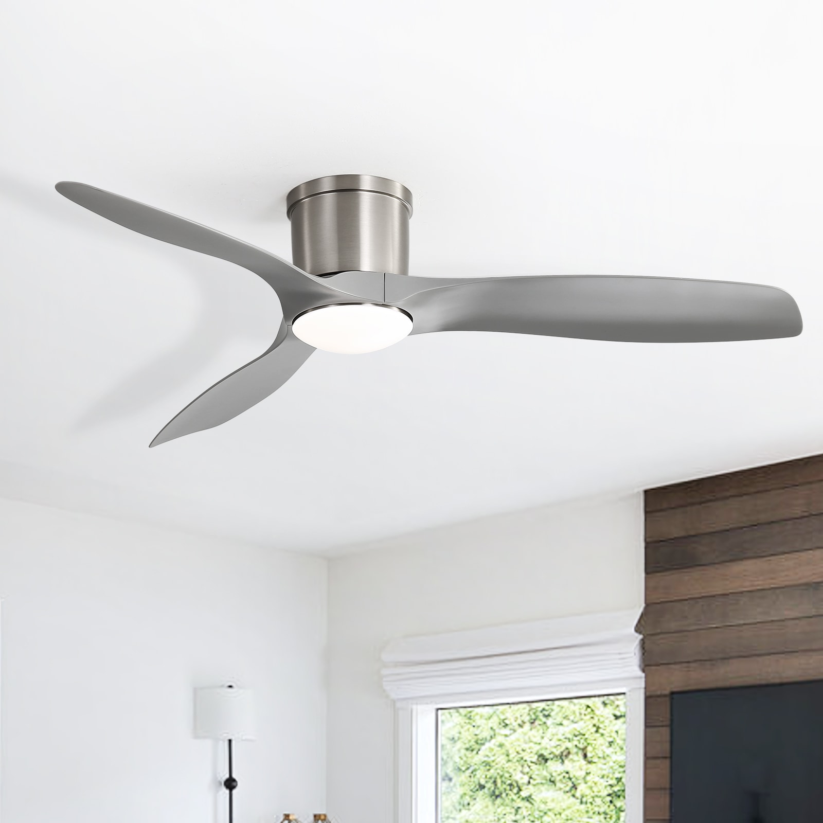 Sofucor YY-52K109-SN-DC-HS 52k109 52-in Color-Changing Outdoor Flush Mount Nickel with Grey Blades Ceiling Fan With Light and Remote ( 3 -Blade )