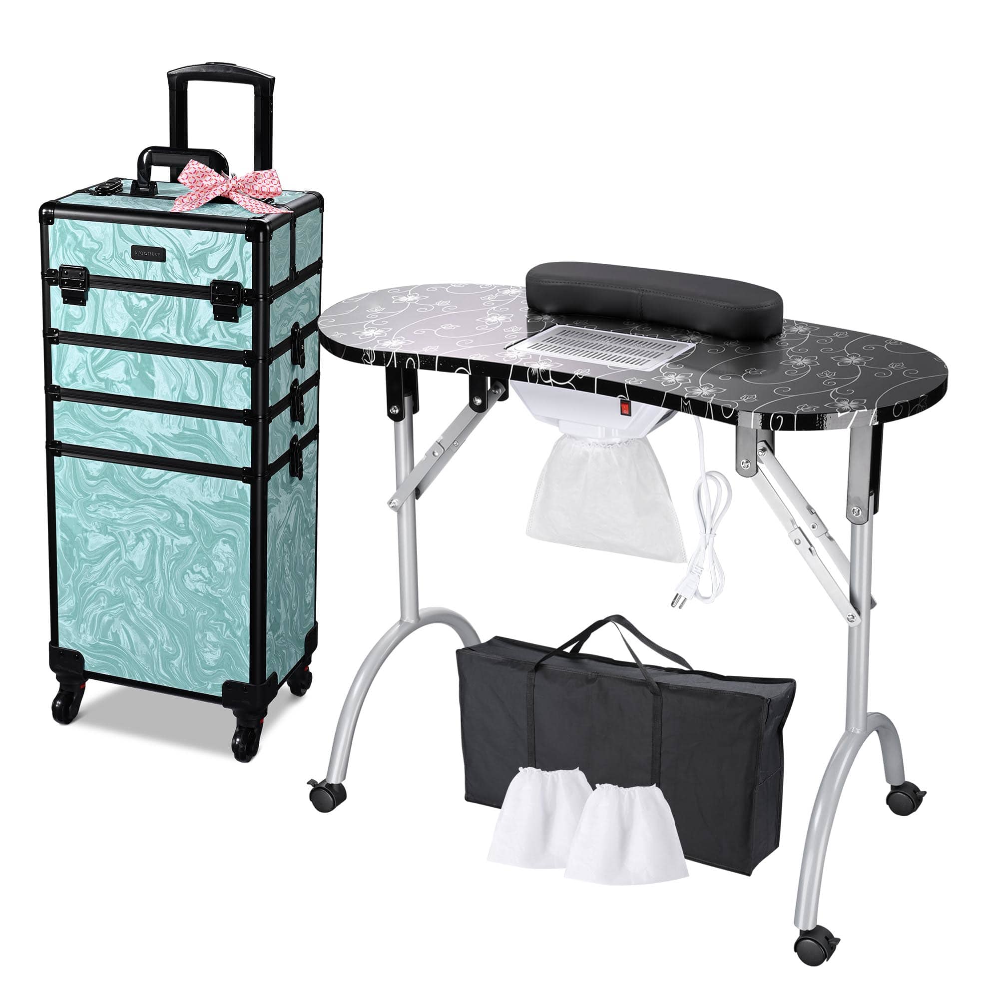 Yescom 12NATSET02-LCTB4-LO Byootique Folding Manicure Nail Table 4in1 Rolling Makeup Train Case CB Vitality