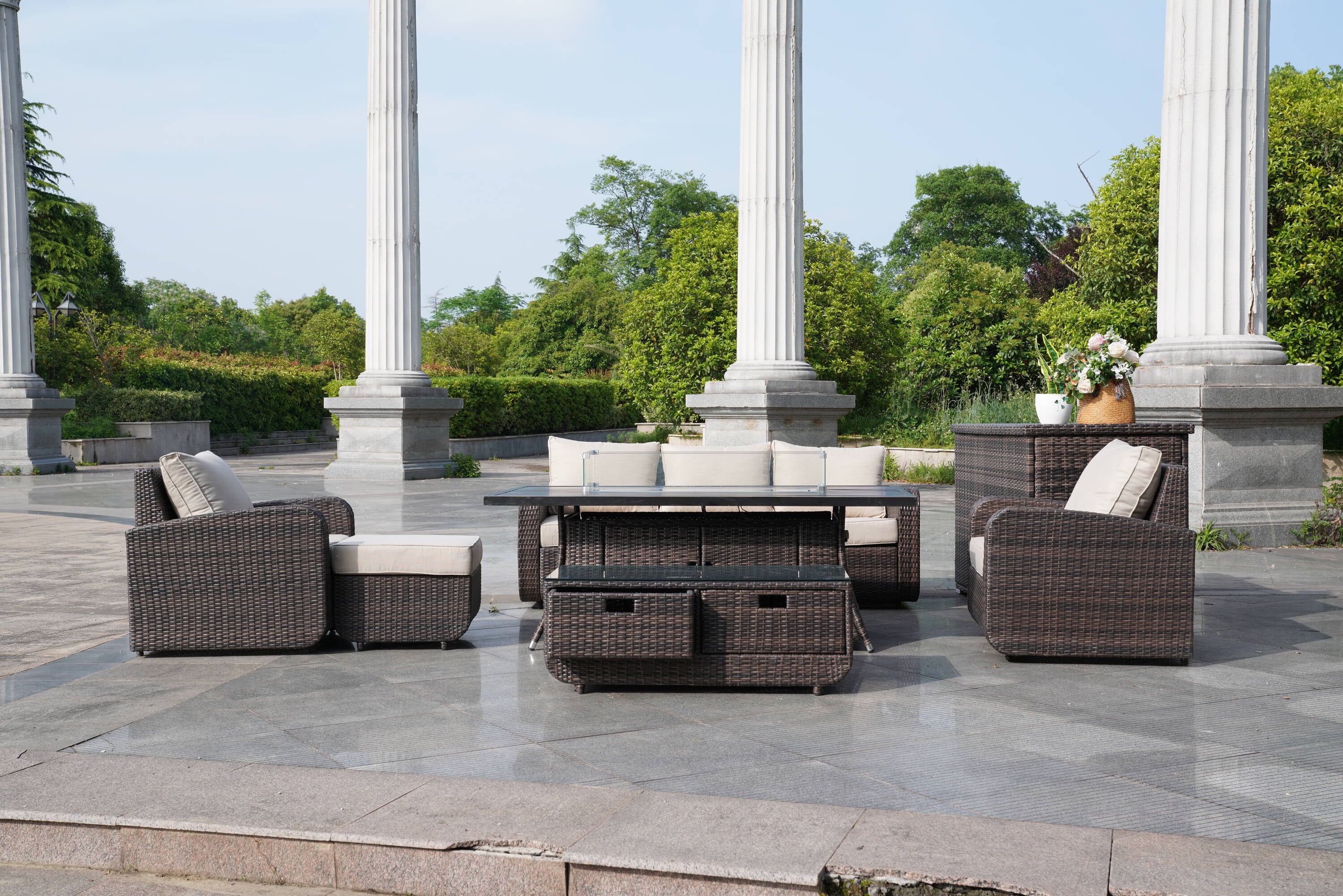 Direct Wicker DWG-06RA15&3256B-BR 7 -Piece Beige Wicker Patio Dining Set Aluminum Rectangle Table with 3 Beige Cushions Stationary Chairs Fire Pit Included