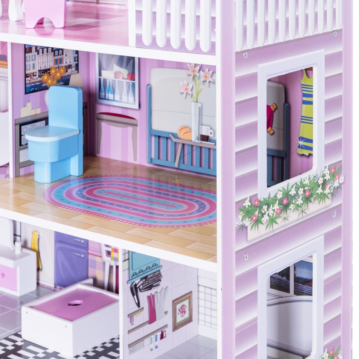 Goplus 28 inch Pink Doll House w/Furniture Gliding Elevator Rooms 3 Levels  Young Girls Toy at