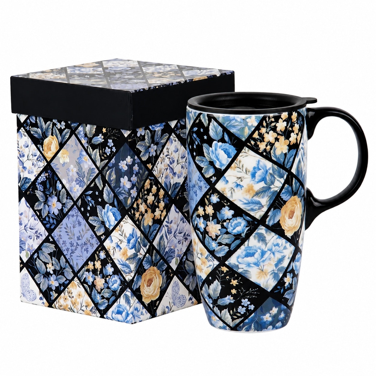 Aoibox  17 oz Blue Floral Porcelain Ceramic Tall Coffee Mug with Lid and Handle 3 5 in W x 6 5 in H