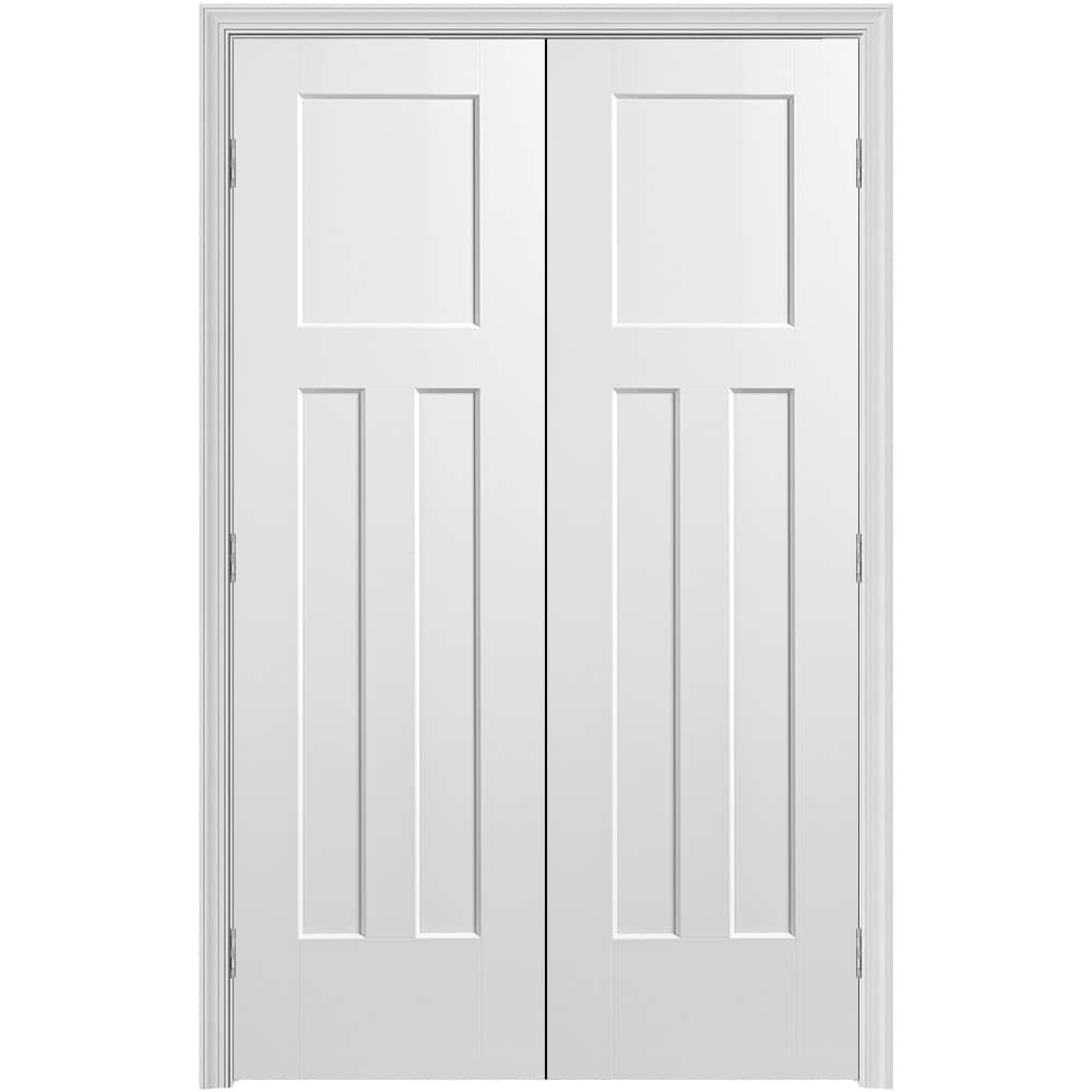 Masonite 640932 48-in x 80-in Primed Hollow core 3-panel craftsman Bi-parting Smooth Primed Molded composite Split Jamb Double Prehung Interior Door 376 Casing