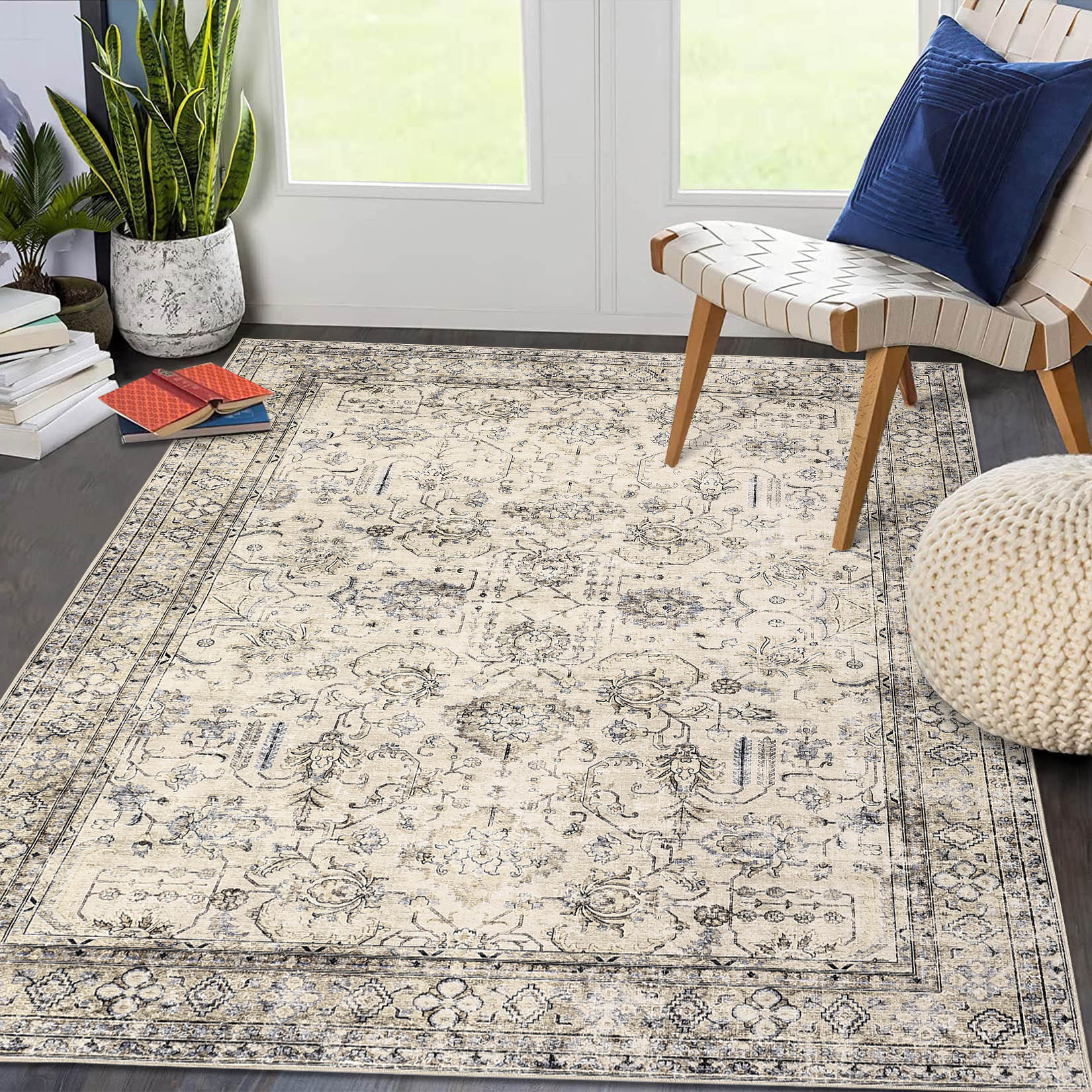 Garvee YXY-LO-PHO-0ZTAE8WY 4 x 6 (ft) Loomed Polyester Beige/Brown Rectangular Indoor Floral/Botanical Persian Machine washable Area rug
