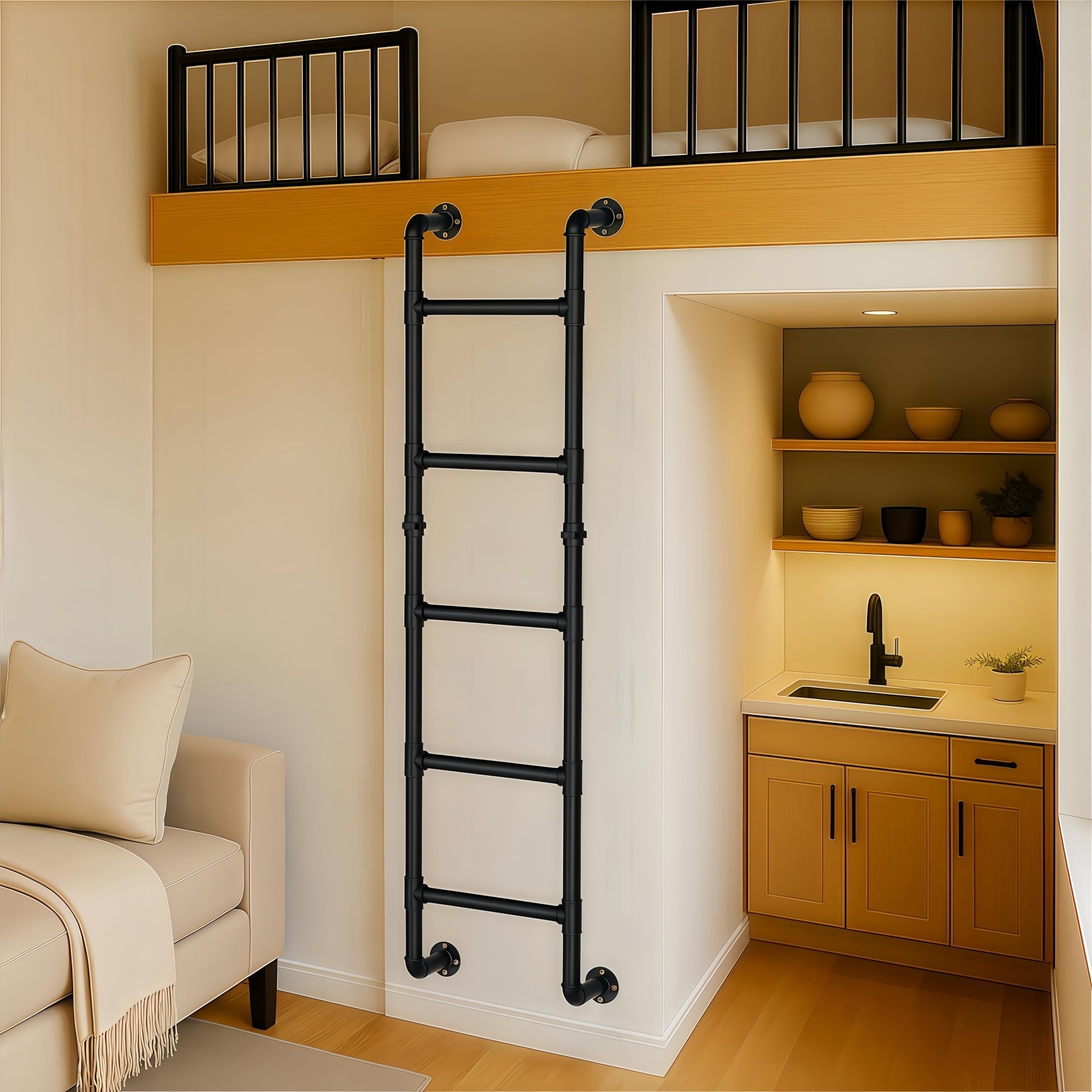 Lukvuzo Black Steel 5 Step Wall Mounted Ladder 16.1 in Wide 10.8 in Step Gap Supports 355 lbs for Loft Window Well Bunk Bed Basement Indoor 1 Piece #LLU0430D56