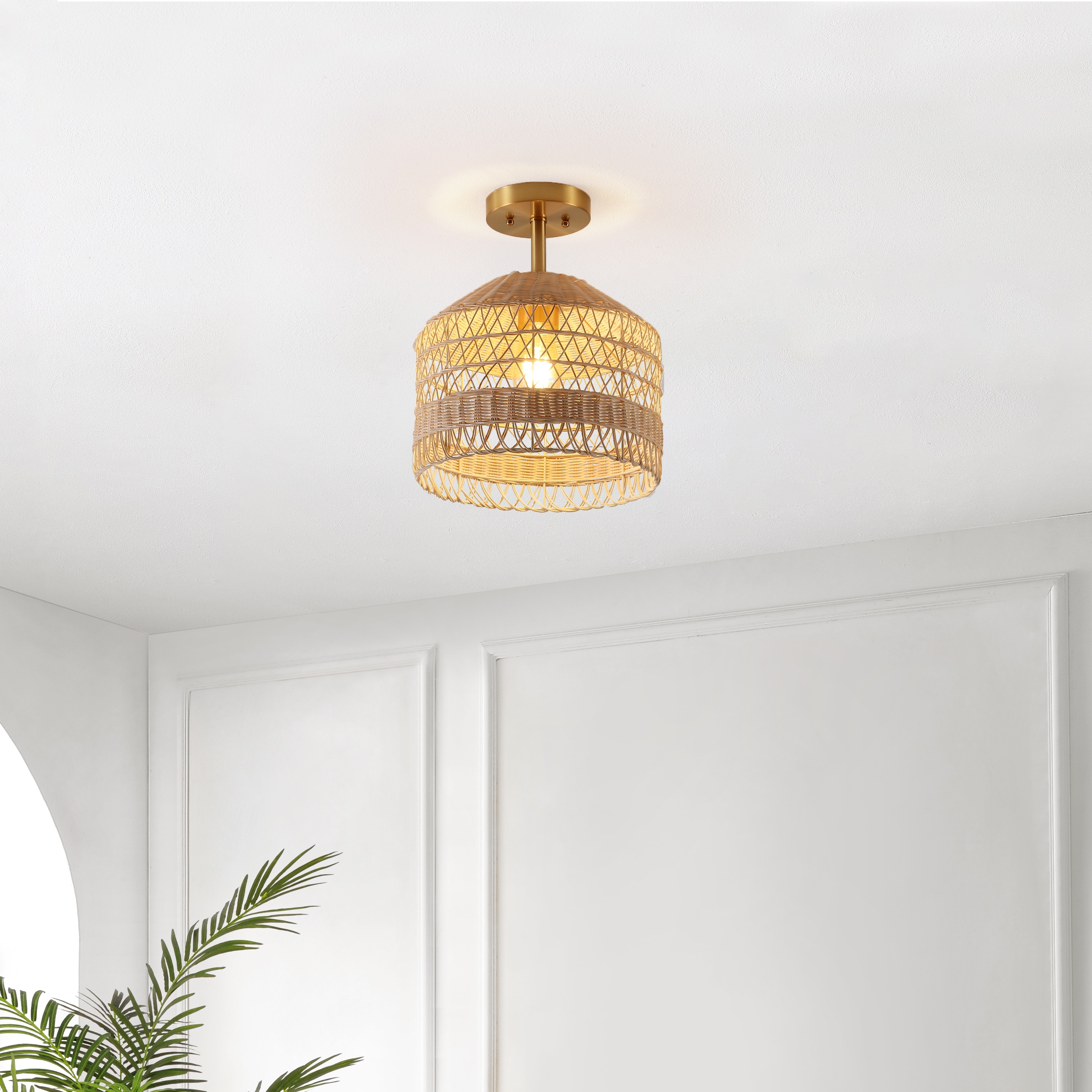 Noyuna 12" Natural Rattan and Gold Flush Mount Light