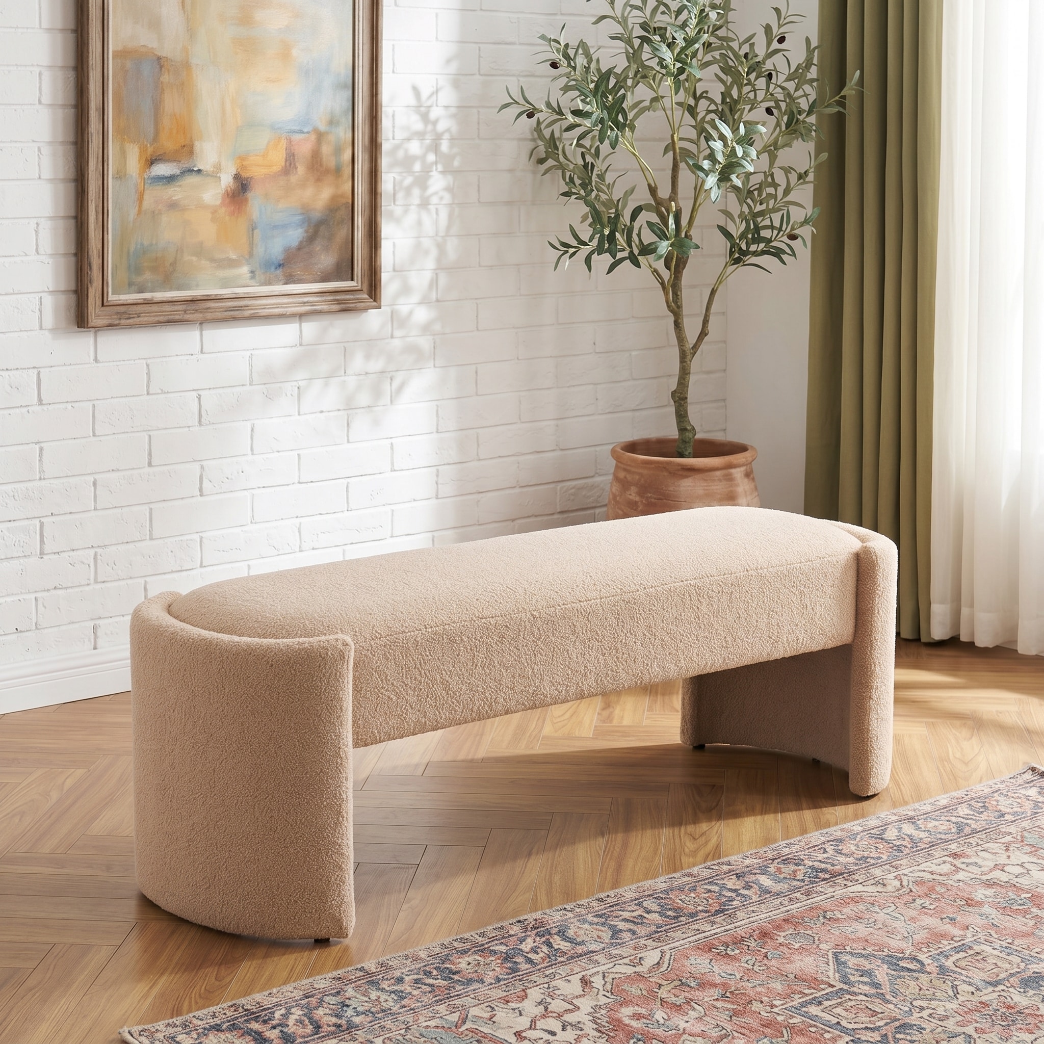 Christopher Knight Home Haven Modern 61 Inch Wood Upholstered Long Ottoman Bench with Foam Cushion Seating Light Camel
