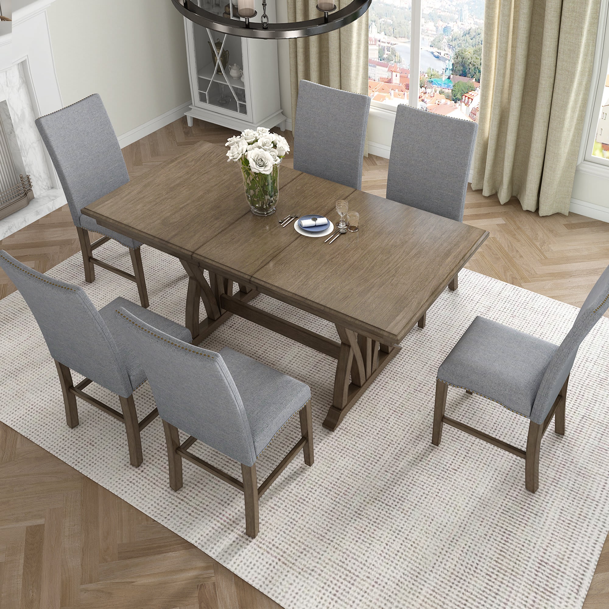 Aoibox Mid Century Solid Wood 7 Piece Dining Table Set Extendable 48 to ...