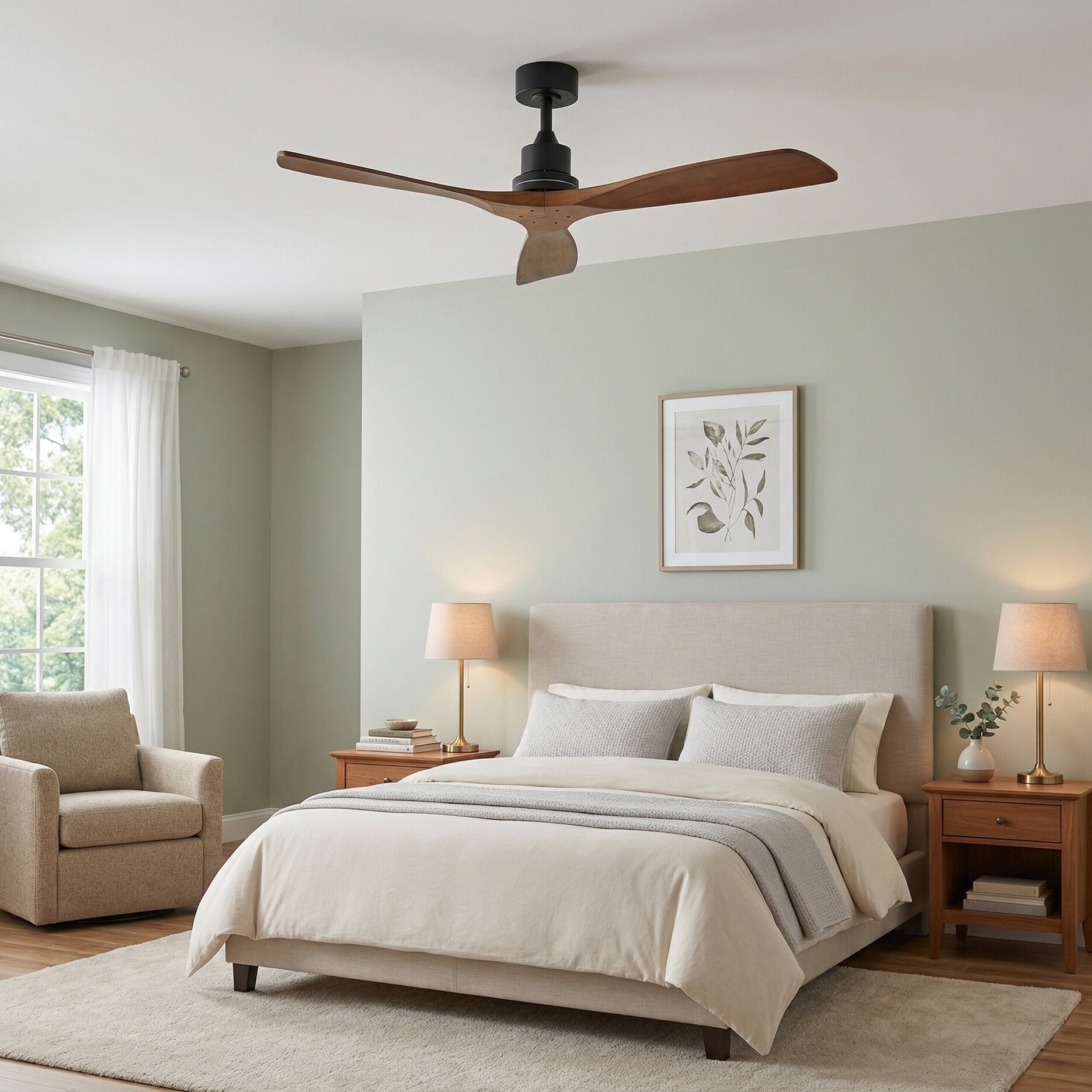 RCCFBHM 52-in Matte Black Modern Farmhouse Ceiling Fan No Light Solid Walnut Wood Blades Quiet DC Motor and Remote