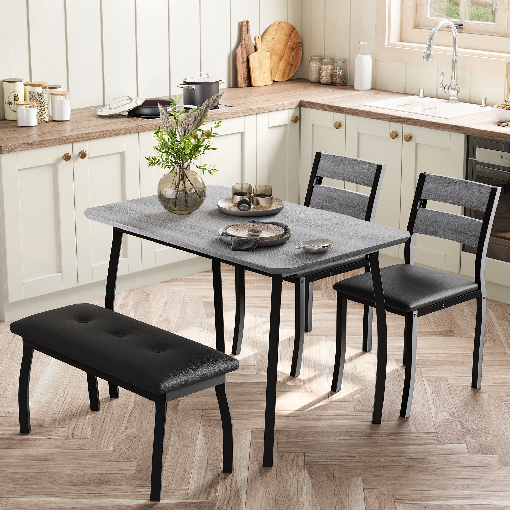 Garvee Gray Wooden Dining Table Set for 4 with Upholstered Bench and 2 ...