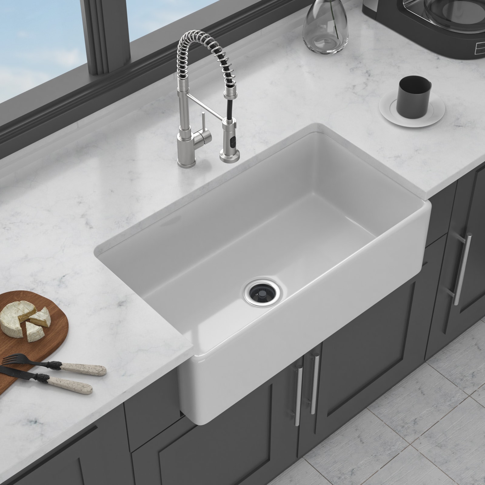 Dimakai 33x18x10 Inch White Reversible Farmhouse Sink Porcelain Ceramic Single Bowl