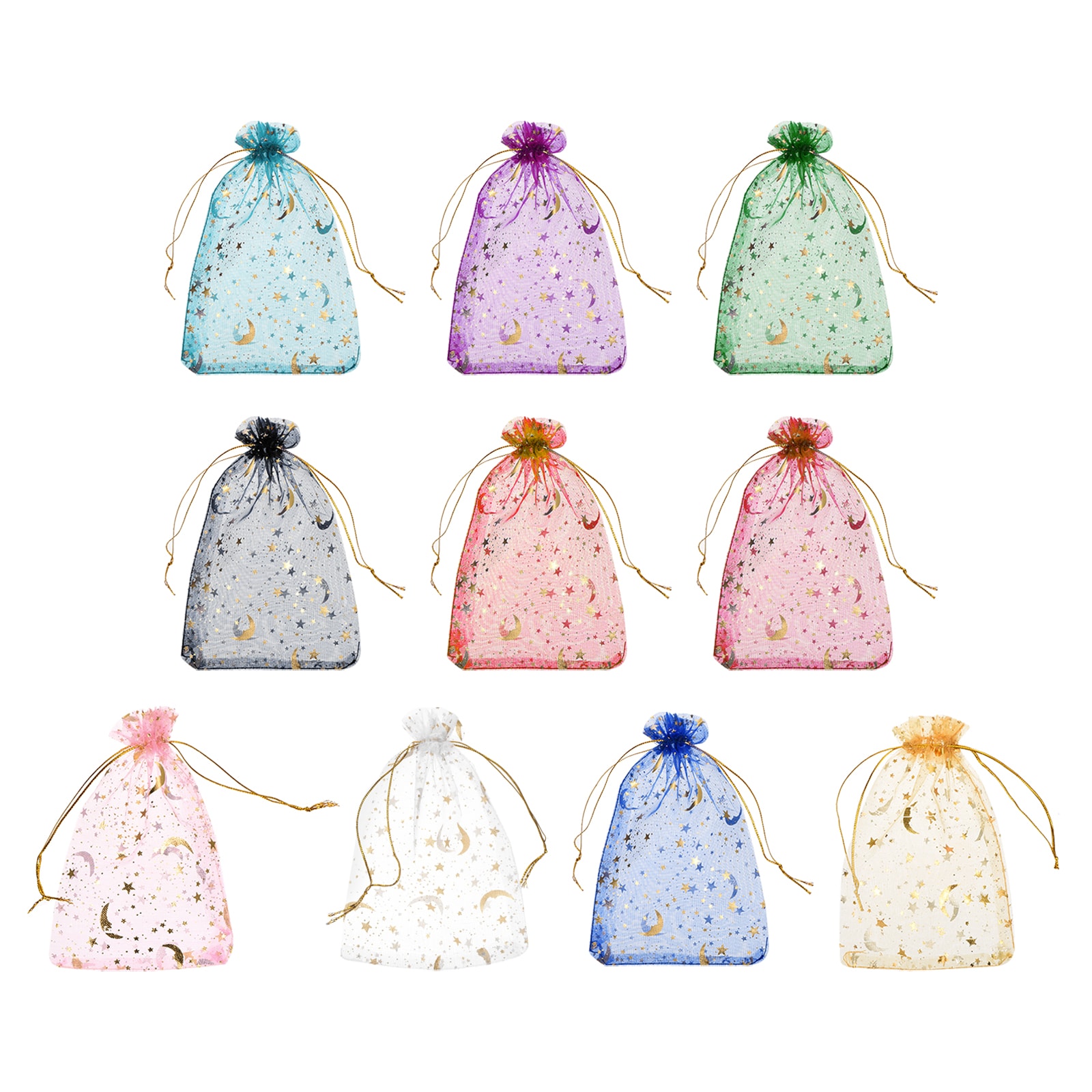 Unique Bargains 1 Set Organza Bag 5 x 7-Inch Sheer Moon Star Mesh Bags Drawstring Gift Bags Bulk Party Favor Bag Jewelry Pouches for Wedding Candy Valentines (Multicolor-Gold )