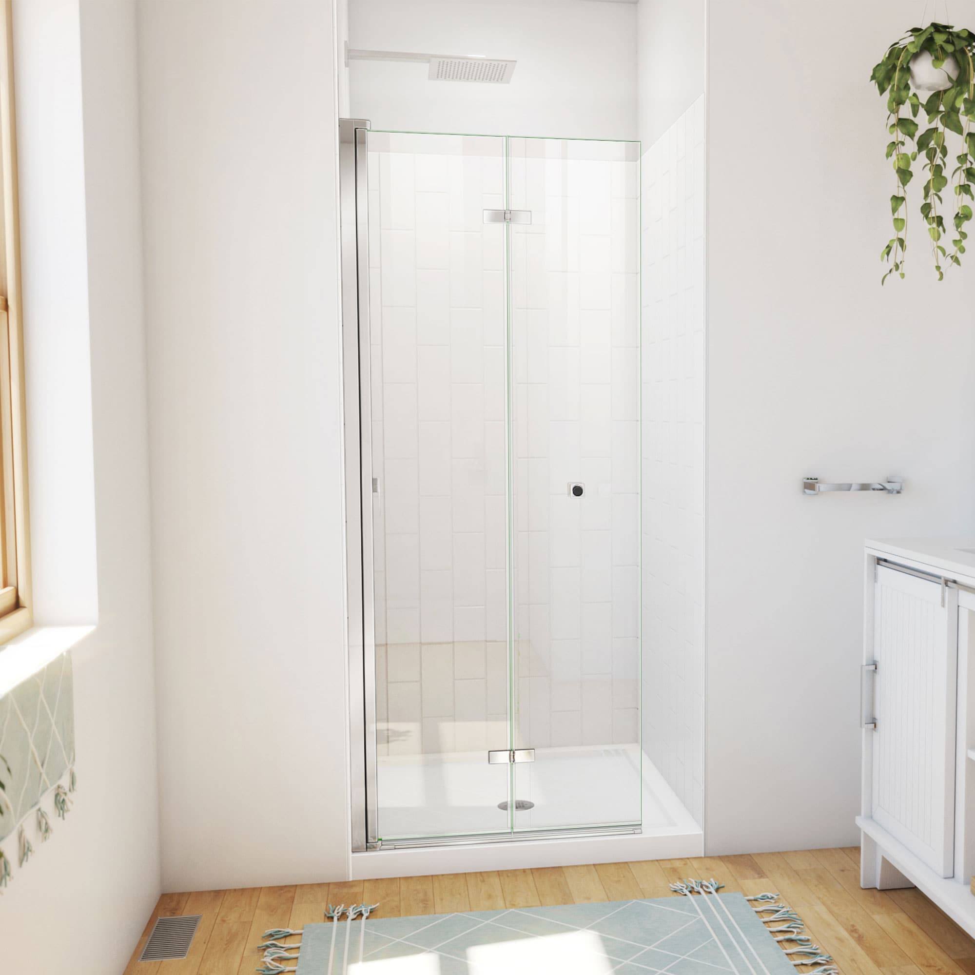 DreamLine DL-6527QC-01 Aqua-Q Fold 3 -Piece 32-in W x 32-in L x 77-in H Square Alcove shower kit ( Center Drain) Base, Wall, Door Chrome Hardware Included