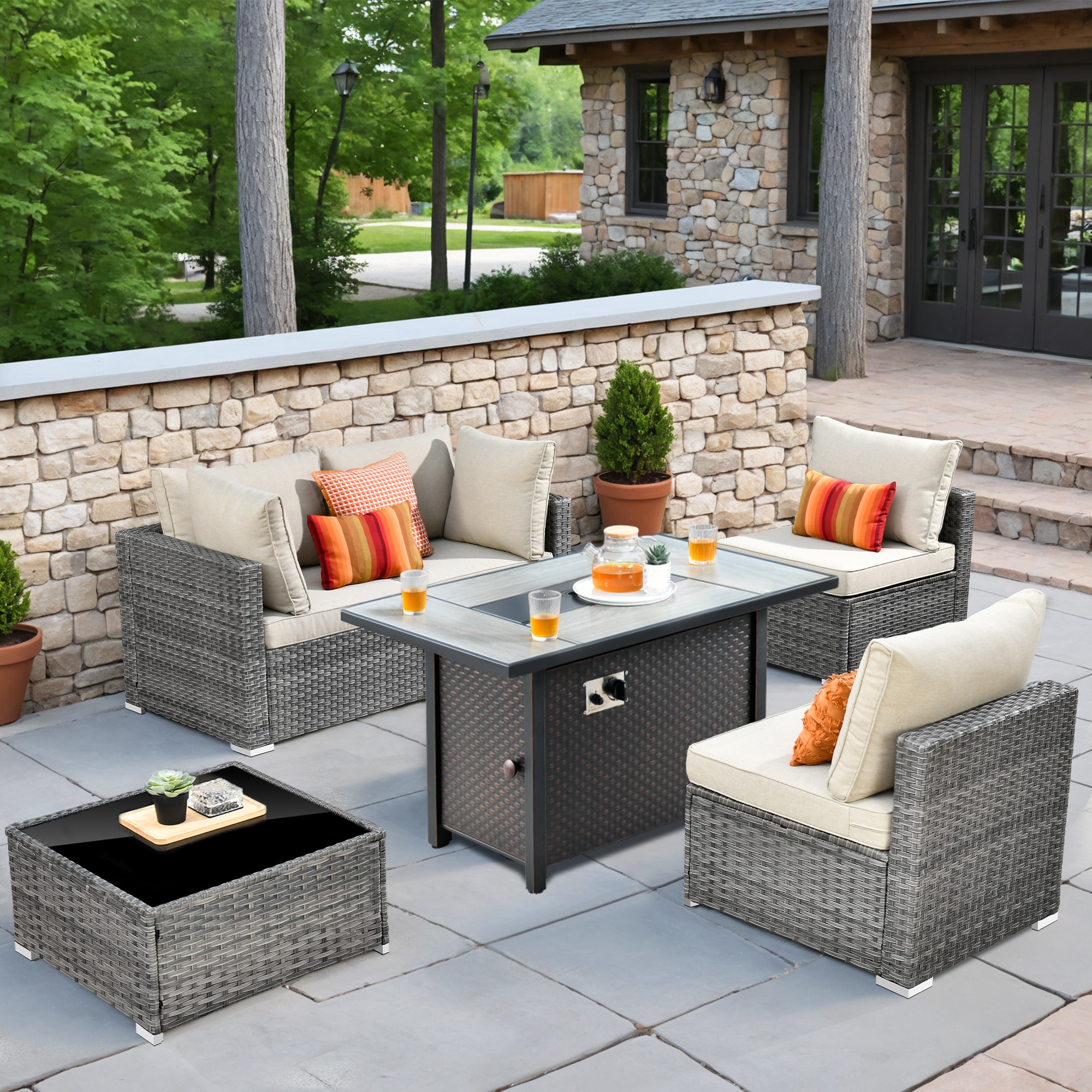 Pouuin SHOP6-7-BOX3 Rattan Outdoor Sectional with Beige Cushions and Wicker Frame