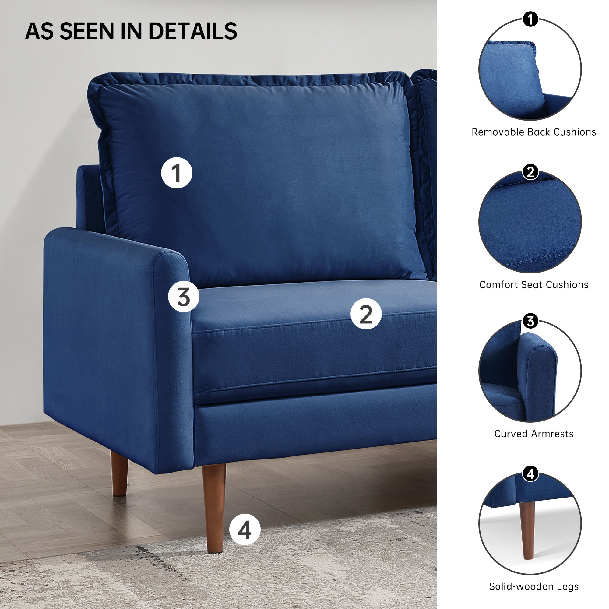 57 Inch Blue Velvet Loveseat with Solid Wood Legs
