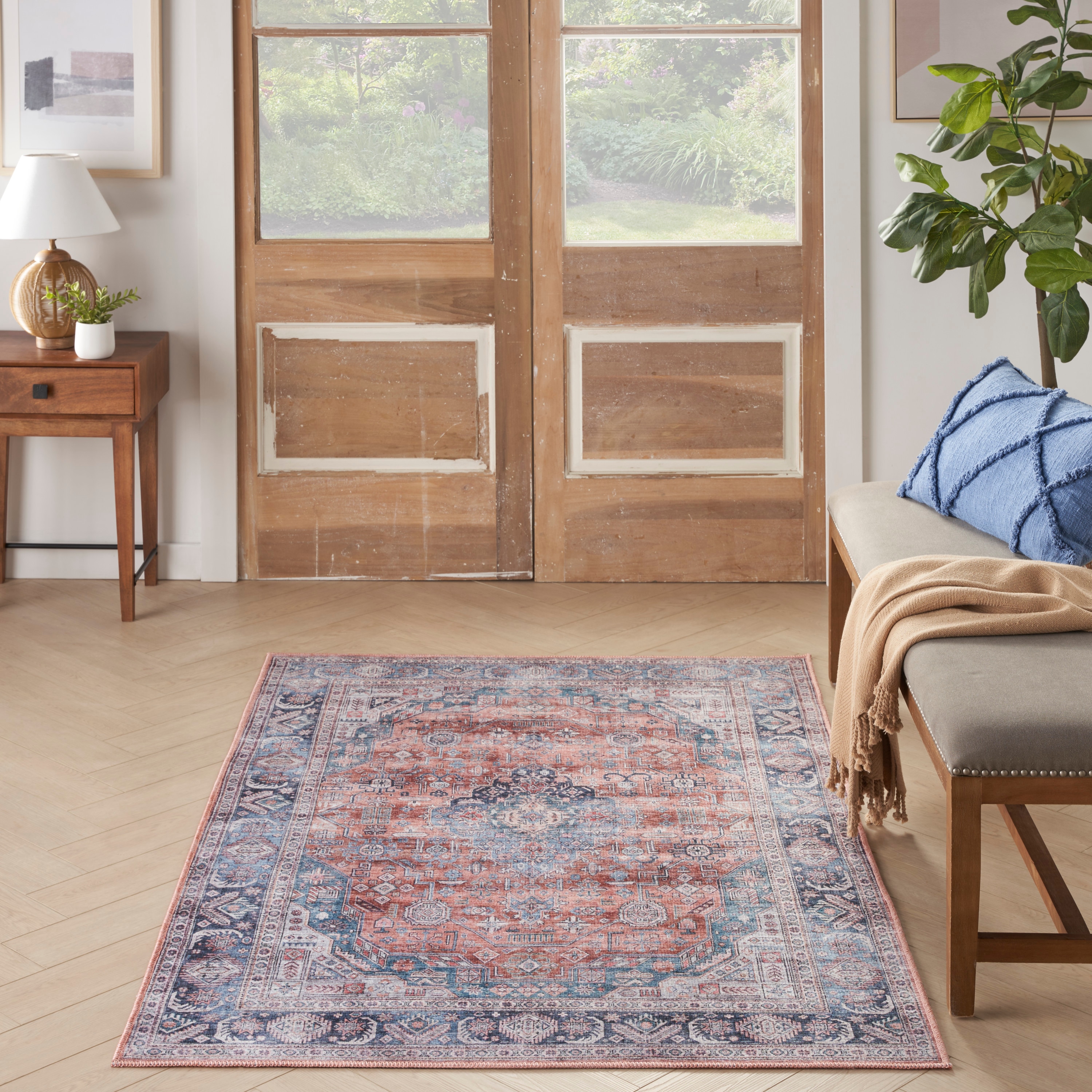 Vintage Charm Blue Multi 4' x 6' Flat Woven Washable Wool Blend Rug