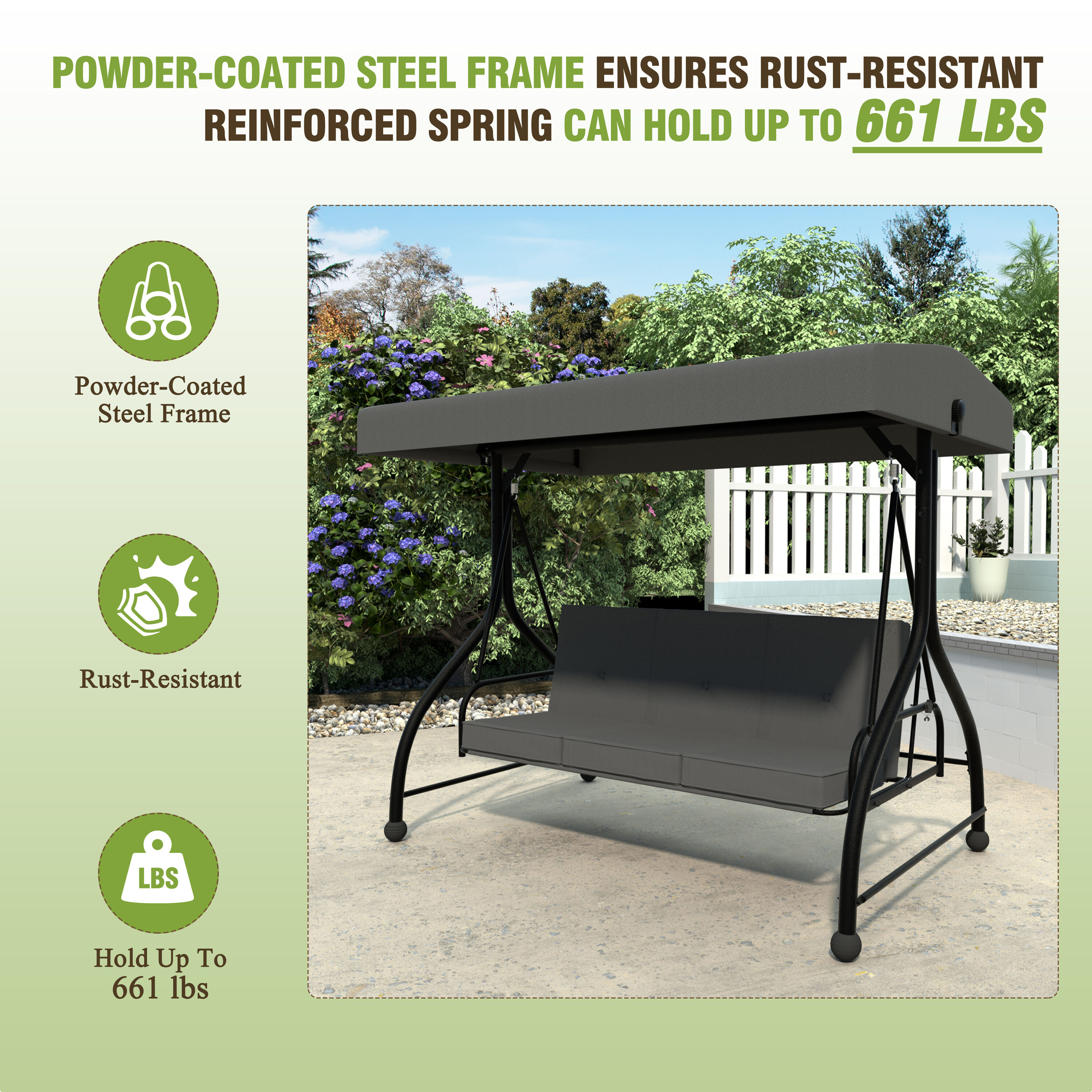VEIKOUS 2-In-1 Convertible Swing 3-person Gray Steel Outdoor