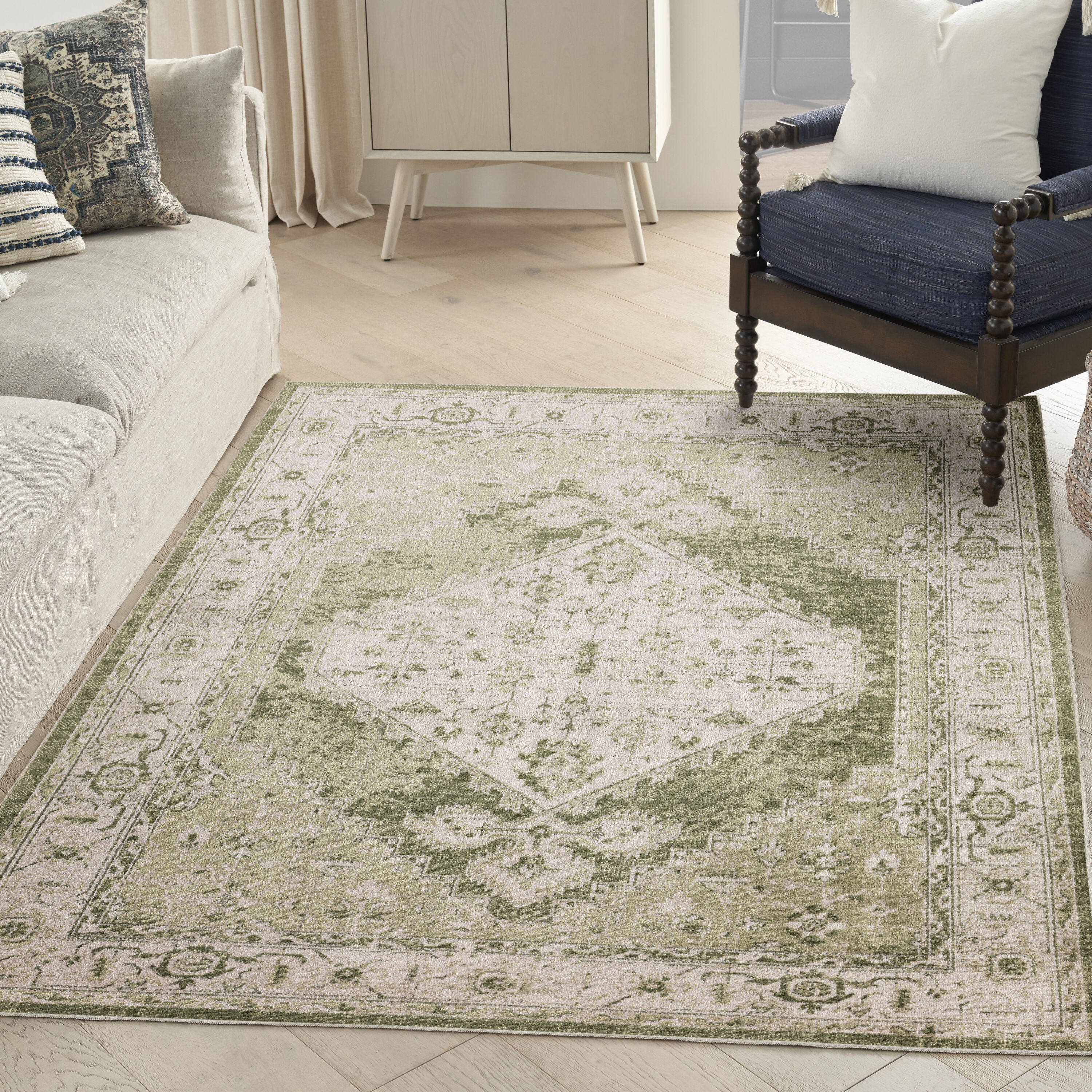 Nourison Home 099446964106 Astra Machine Washable 4 x 6 (ft) Loomed Polyester Ivory Green Rectangular Indoor Medallion Persian Machine washable Area rug