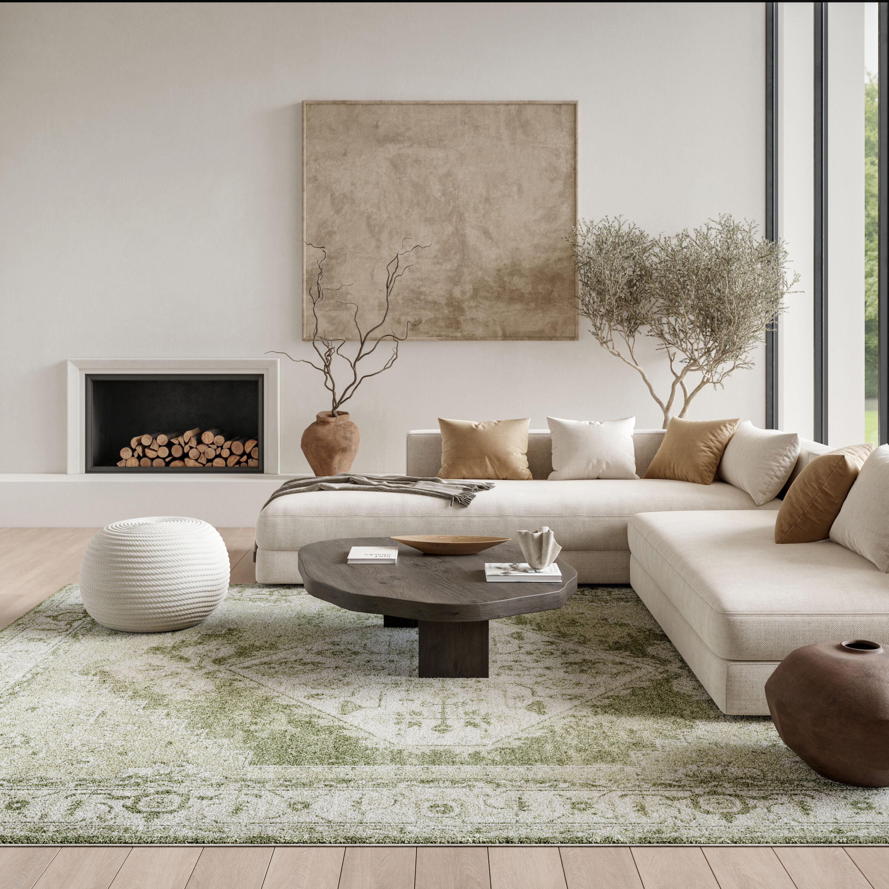 Nourison Home 099446964168 9 x 12 (ft) Loomed Polyester Ivory Green Rectangular Indoor Abstract Persian Machine washable Area rug