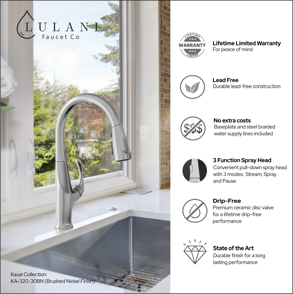 Lulani Kauai Brushed Nickel Single Handle Pull-down Kitchen Faucet 