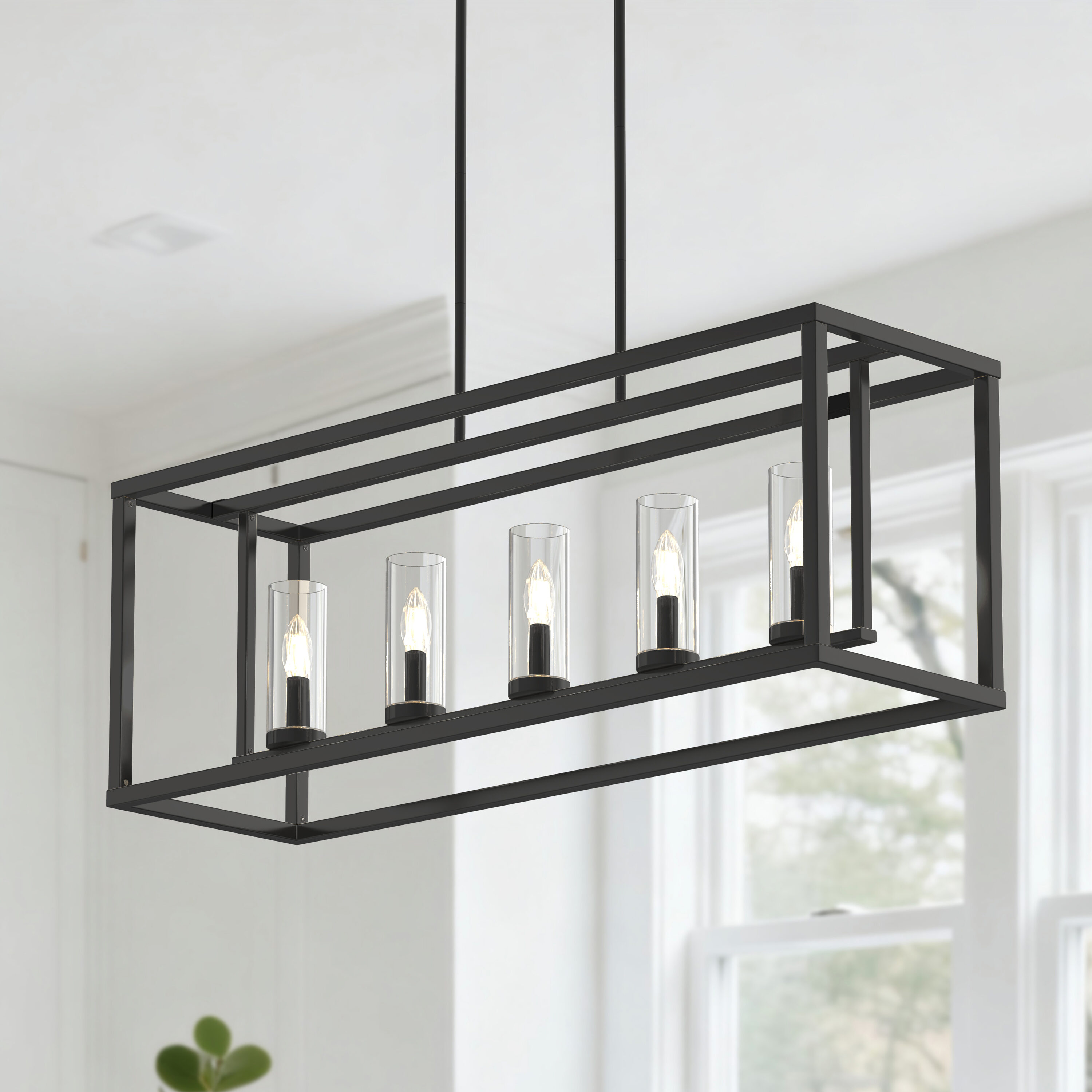 YANSUN 5 -Light Black Industrial Clear glass Linear Large Hanging Kitchen Island Light