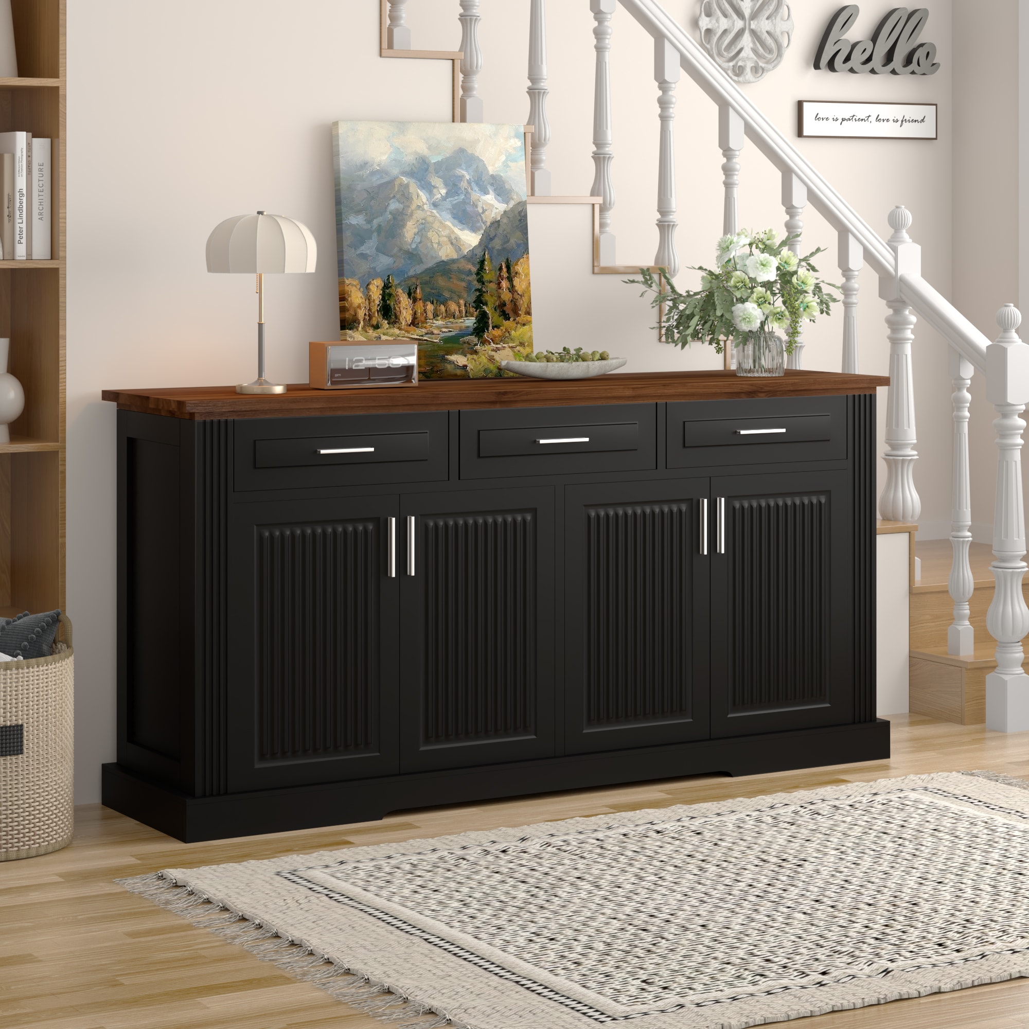 LOVMOR 63 inch Fluted Sideboard Buffet Cabinet with Storage Farmhouse Coffee Bar Station with 4 Doors and 3 Drawers