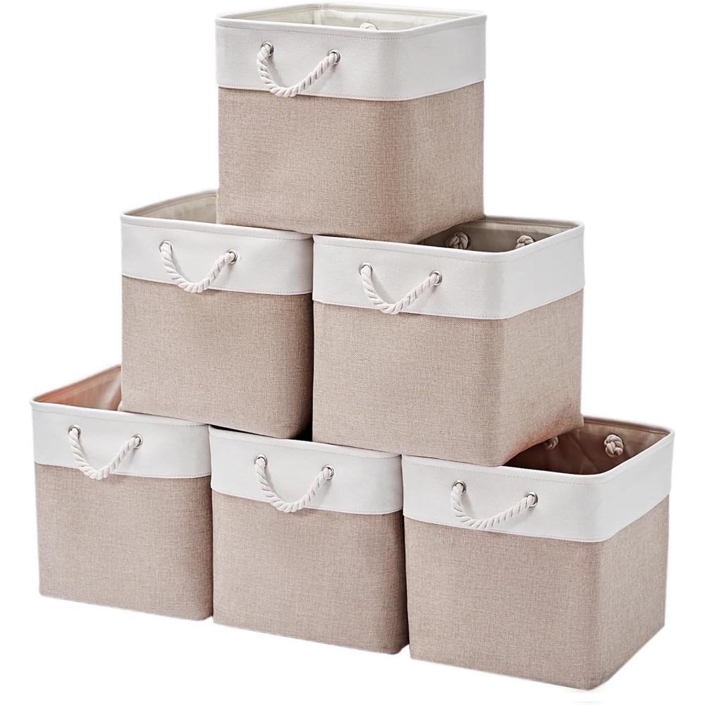 Baginizer Fabric Collapsible Storage Cubes 13x13 Inch 6 Pack with Handles Foldable Bins for Shelves Clothes Toys Books White Beige #BAGINIZER000183