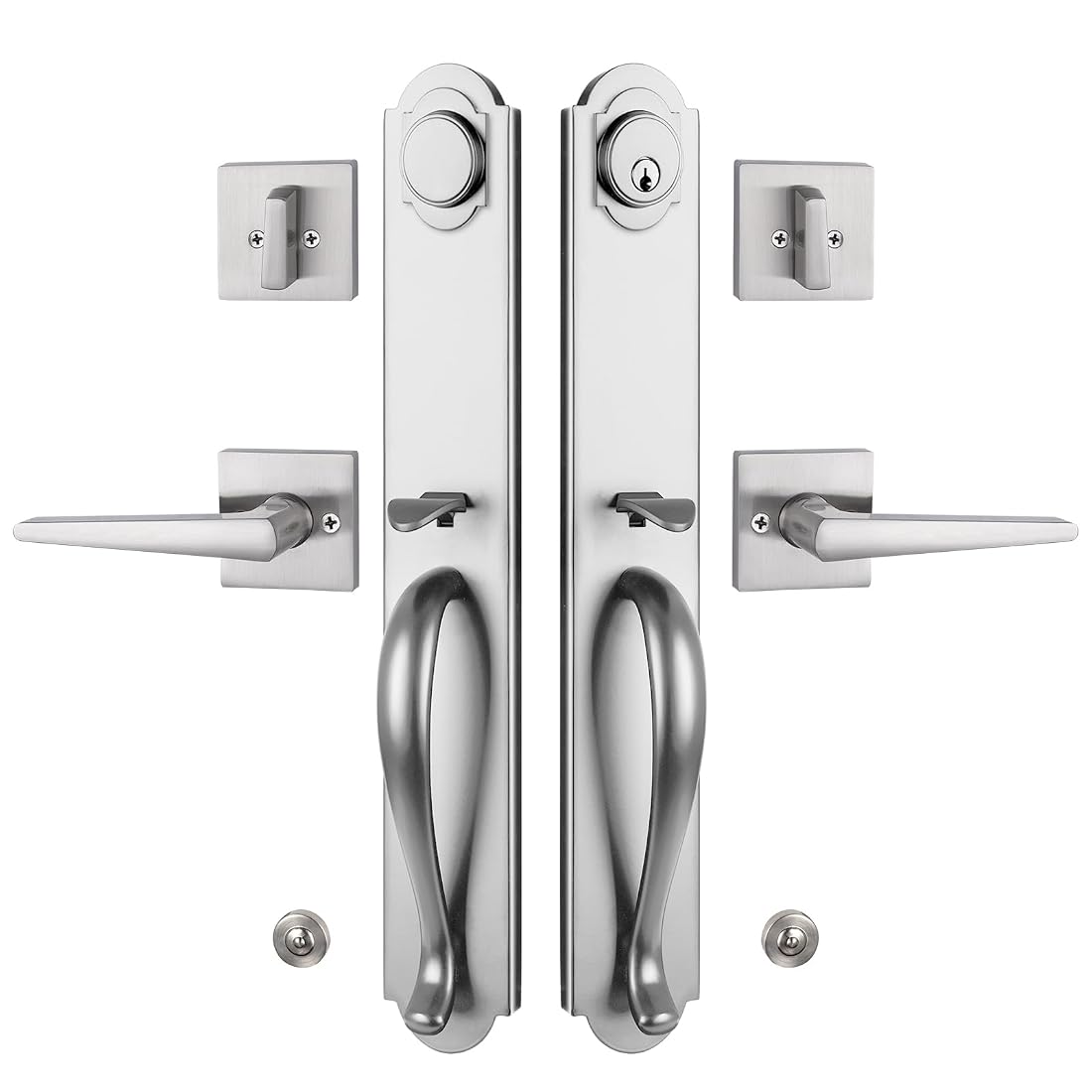 Aoibox  Brushed Nickel Double Door Handleset Keyed Entry and Dummy Set with Adjustable Backset and Reversible Design