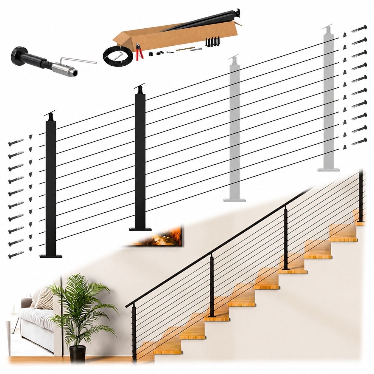 Phyfalip  36 Inch Black Cable Railing System Kit with Two Stair Posts Fits 28 to 38 Degree Stairway T304 Stainless Steel Modular DIY Kit Includes