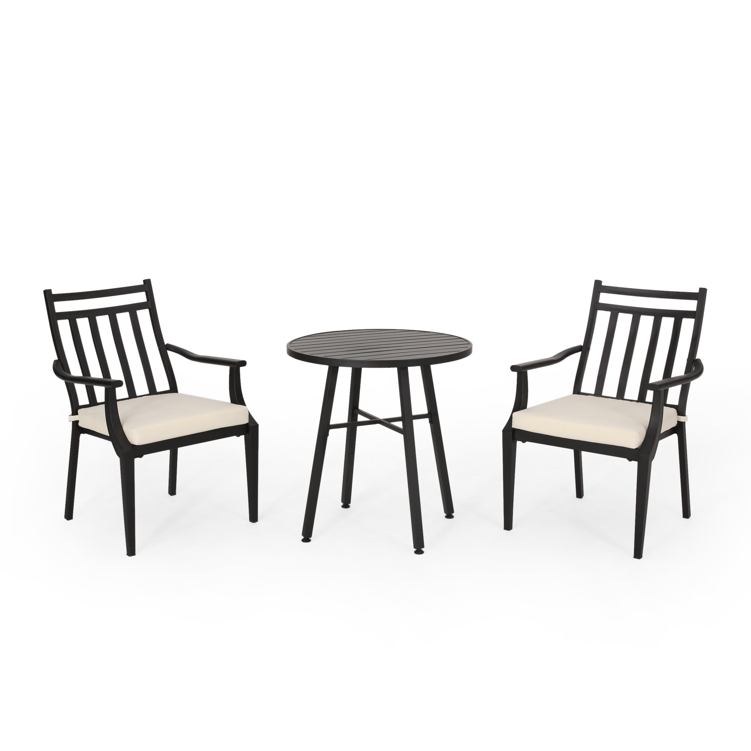 AHIOU HOME ZAAHG-66543BGE3P Berkeley 3 -Piece Black Bistro Patio Dining Set Steel Round Table with 2 Off-white Cushions Stationary Chairs