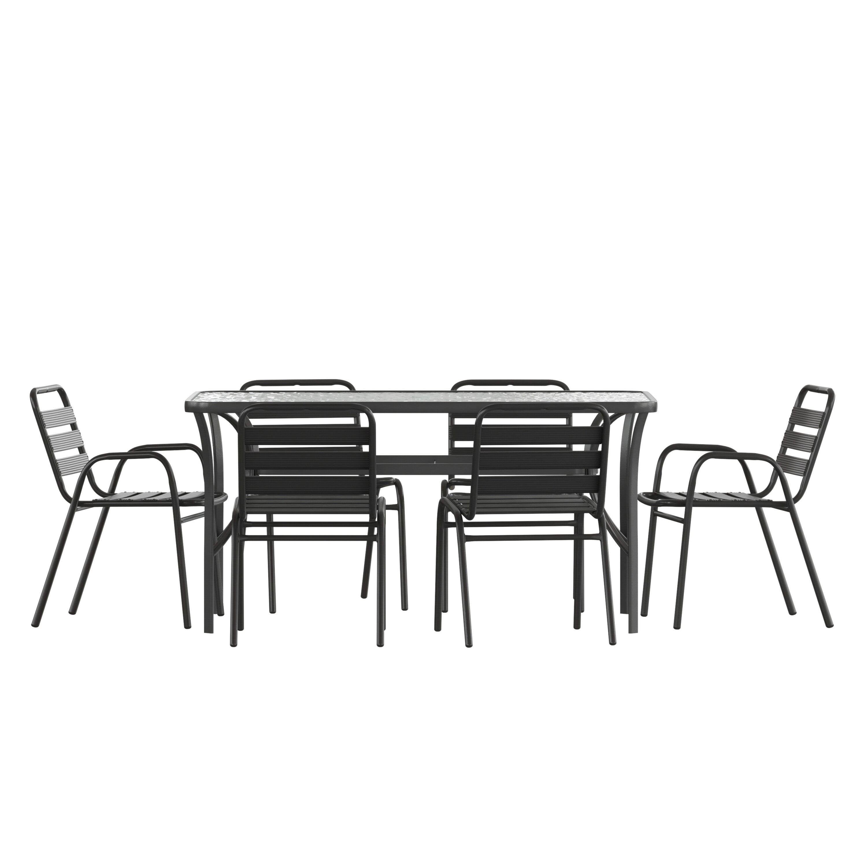 Flash Furniture 196861156663 Lila 7 Piece Commercial Outdoor Patio Dining Set with 60-in Glass Patio Table; 4 Black Triple Slat Chairs and 2 Black Triple Slat Chairs with Arms