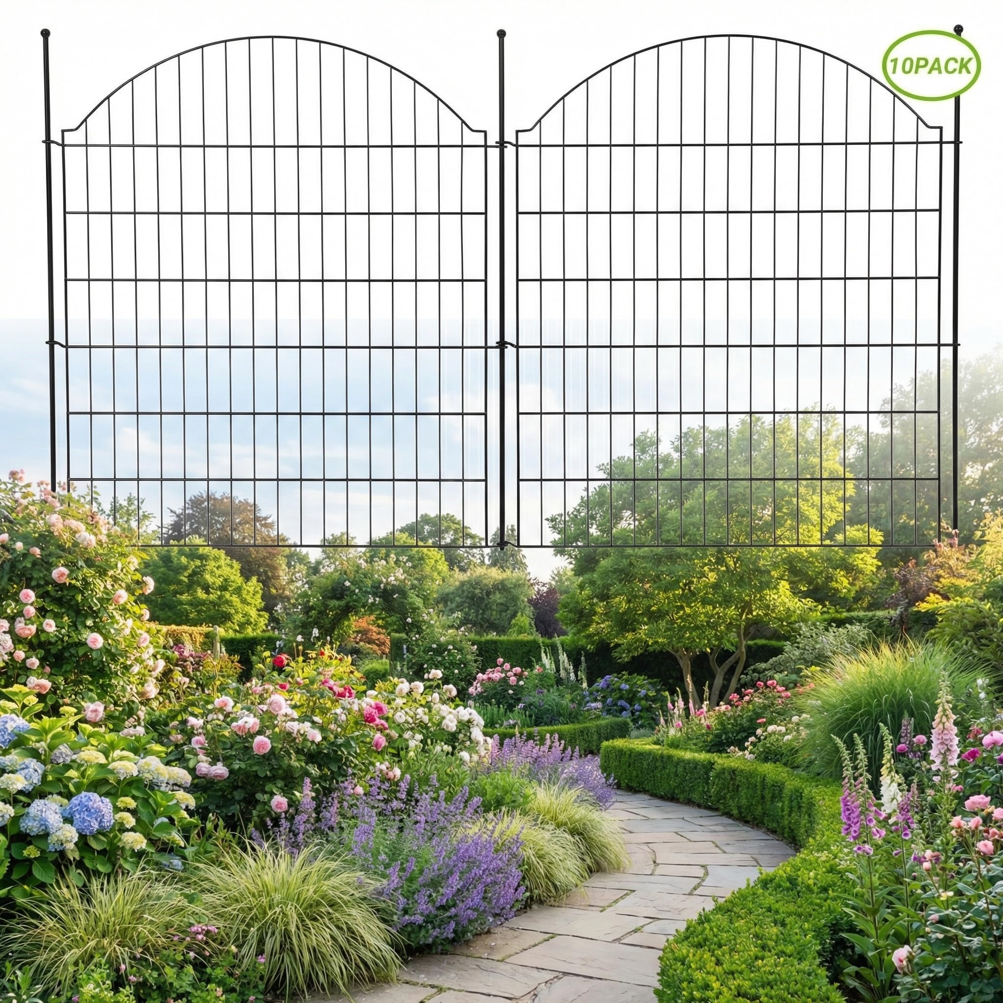 GarveeLife 10 Panels No Dig Decorative Fence for Outdoor Yard Patio 32 in(H) X 24 ft(L) Animal Barrier Rustproof Metal Wire PanelTemporary Dog Fence- Arch