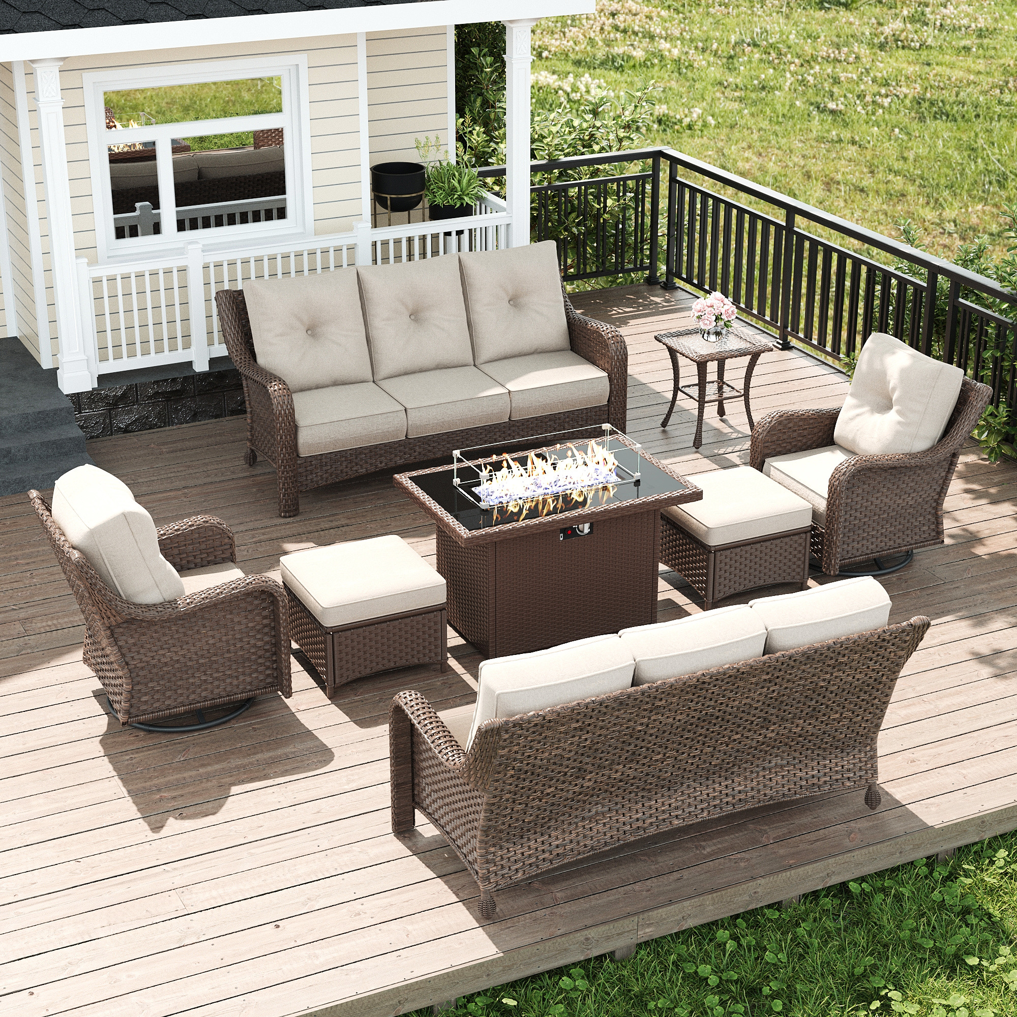 LayinSun FP6005-8P-BR01 8 -Piece Outdoor Rattan Patio Conversation Set with Fire Pit and Beige Cushions