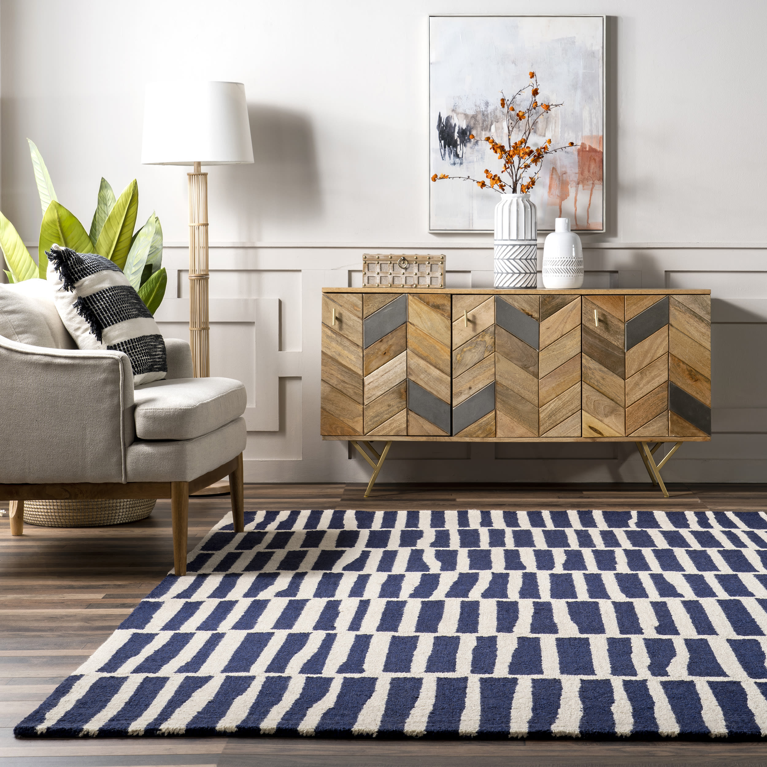 Navy and White Geometric Wool Tufted Runner Rug