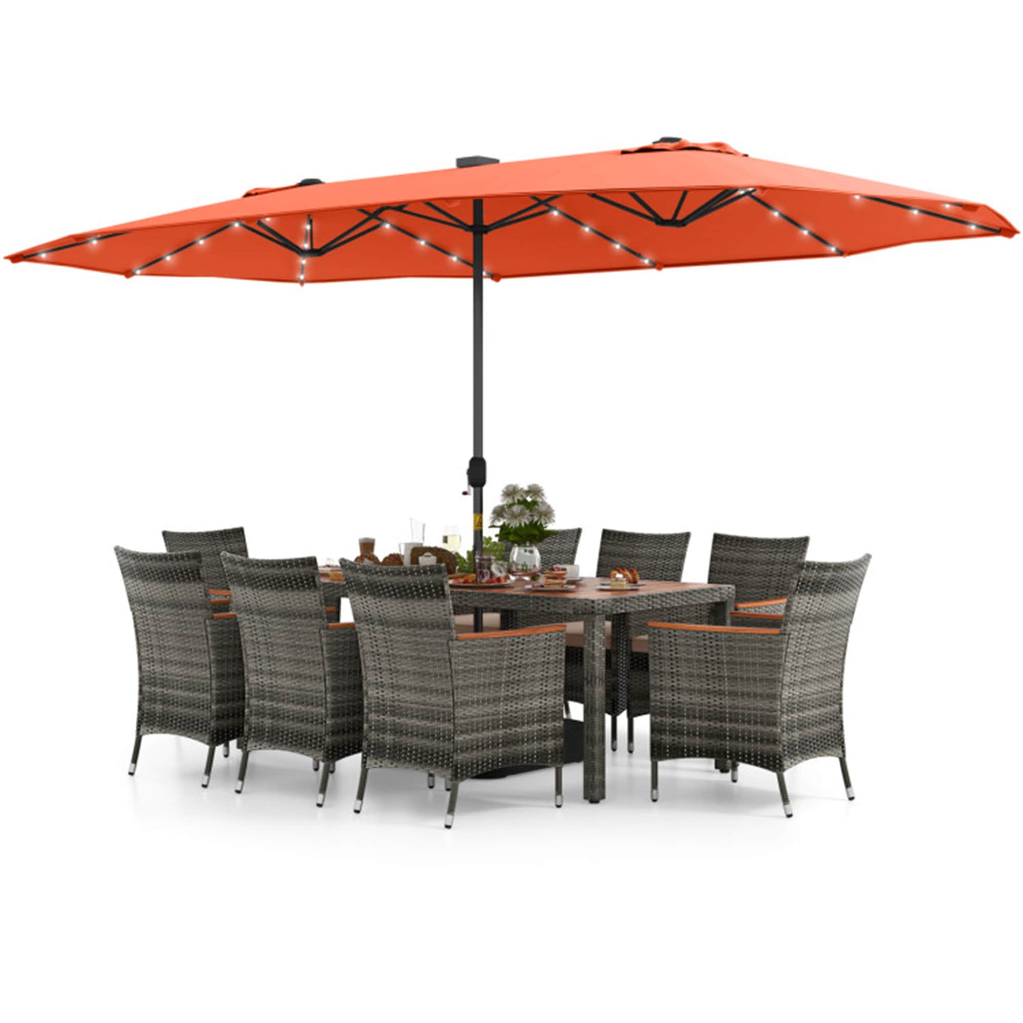 BABOOM BOM-201240A-OR Outdoor Dining Set 10 -Piece Mix Gray Rattan Patio Dining Set Wood Rectangle Table with 8 Beige Cushions Stationary Chairs and Umbrella Included