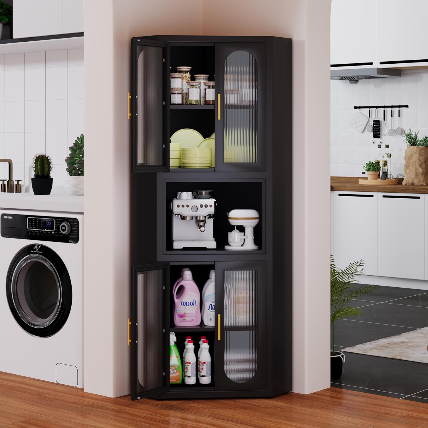 GAIOUS 63.6 in Tall Metal Corner Storage Cabinet with 4 Acrylic Glass Doors and Open Bar Shelf for Kitchen Bathroom Living Room Bedroom