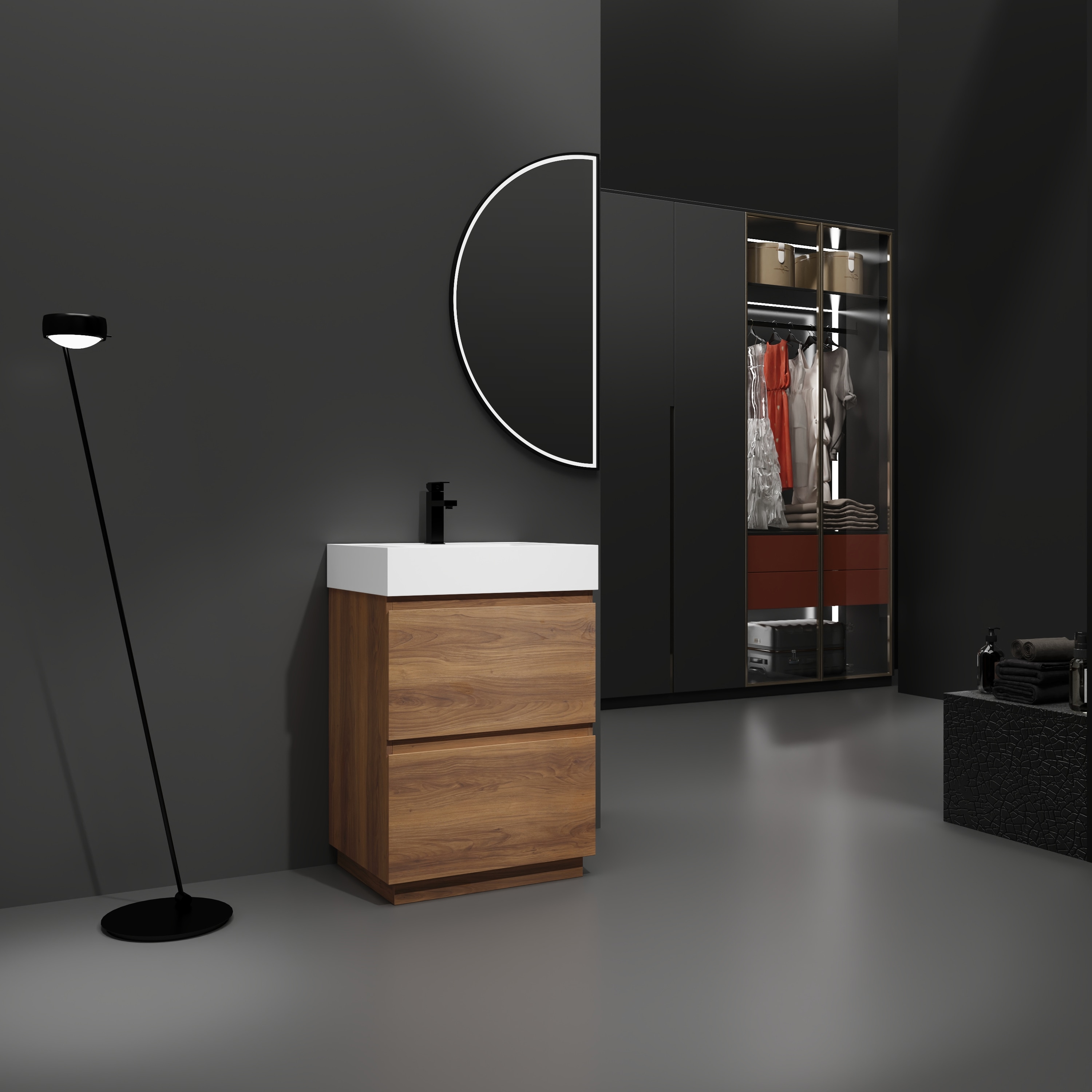 Tatayosi 24 Inch Brown Engineering Wood Modern Freestanding Bathroom Vanity with Single Undermount Sink Double Drawer | DJ-972S00006