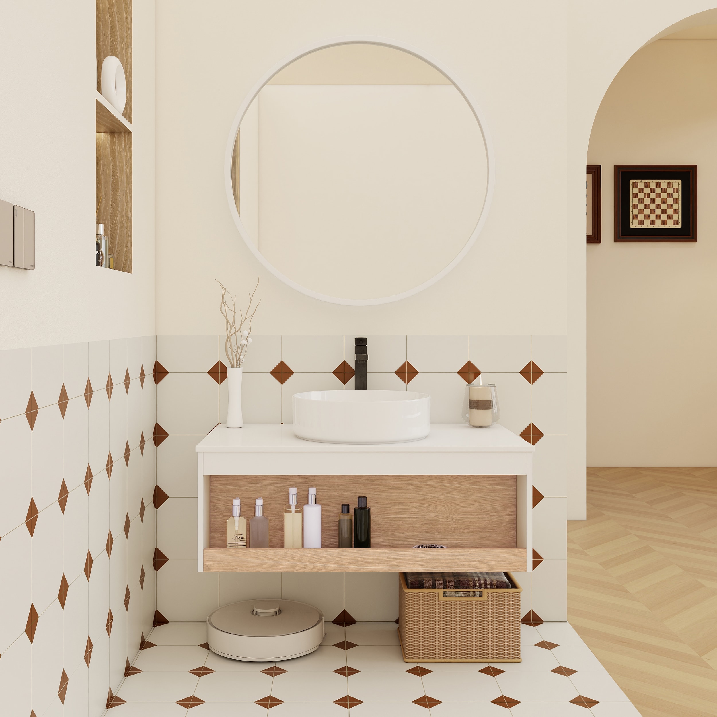 Wooakway - 36 in Floating Bathroom Vanity with Glossy White Round Vessel Sink Wall-Mounted Vanity...