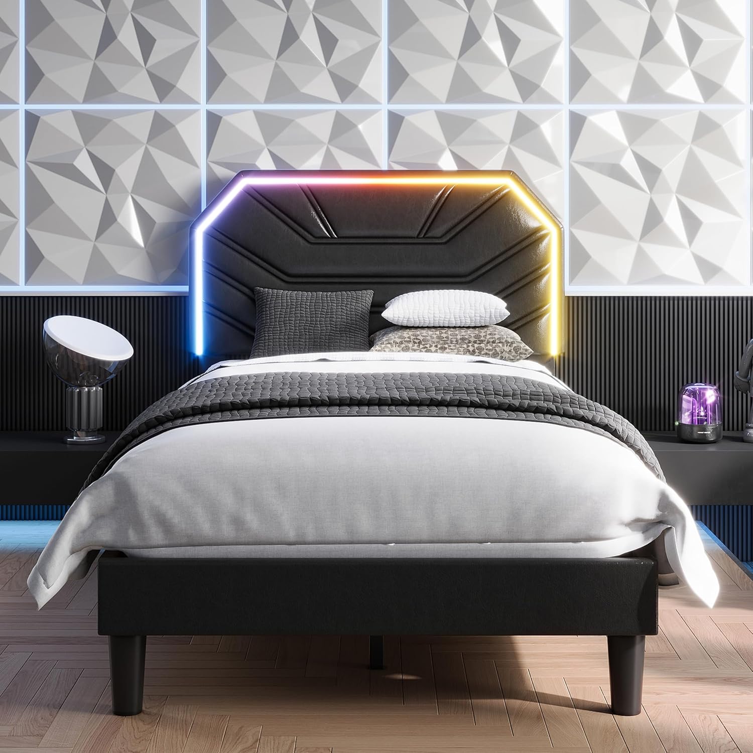 Likimio PCSG4QFAOYUYL9BI 41.7-in W Black Twin Bed Frame with Lighted Headboard